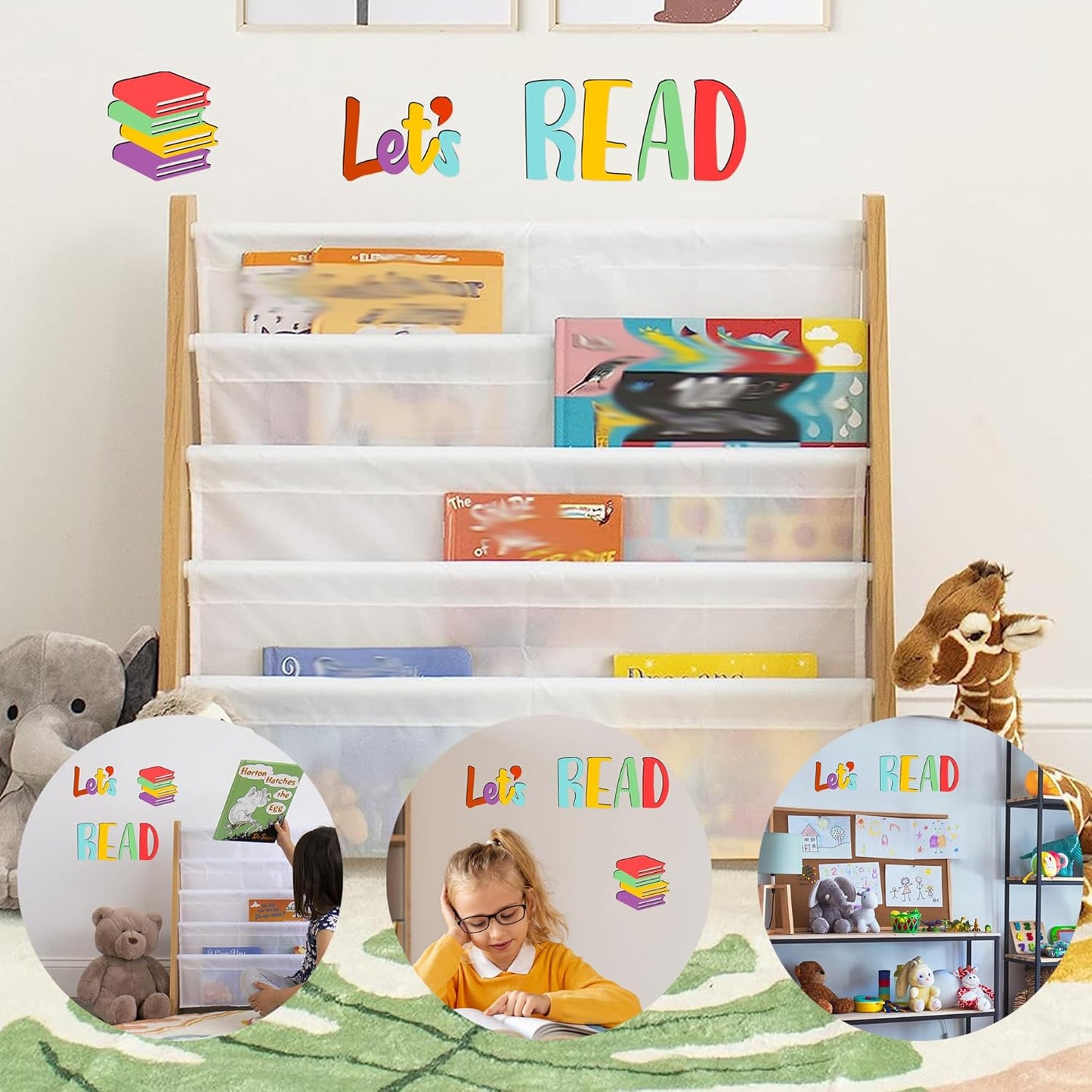 Let's Read Sign Wall Decals Colorful Reading Rooom Wall Decor Stickers Reading Nook Wood Sign Decals Decor Removable Motivational Walls Sicker for Kids Bedroom Playroom Nursery Library Classroom Decor