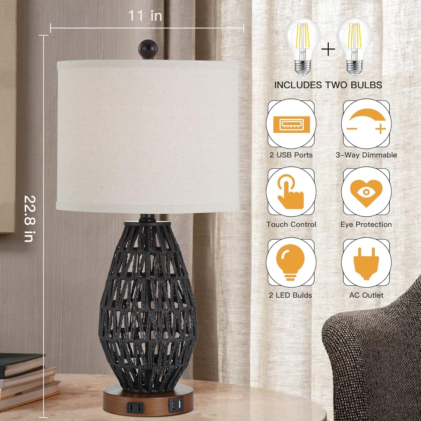 Touch Control Rattan Table Lamps, 3 Way Dimmable Bedside Lamps for Bedroom Set of 2 with 2 USB Ports and AC Outlet, Wicker Nightstand Lamps for Living Room (LED Bulbs Included), Black