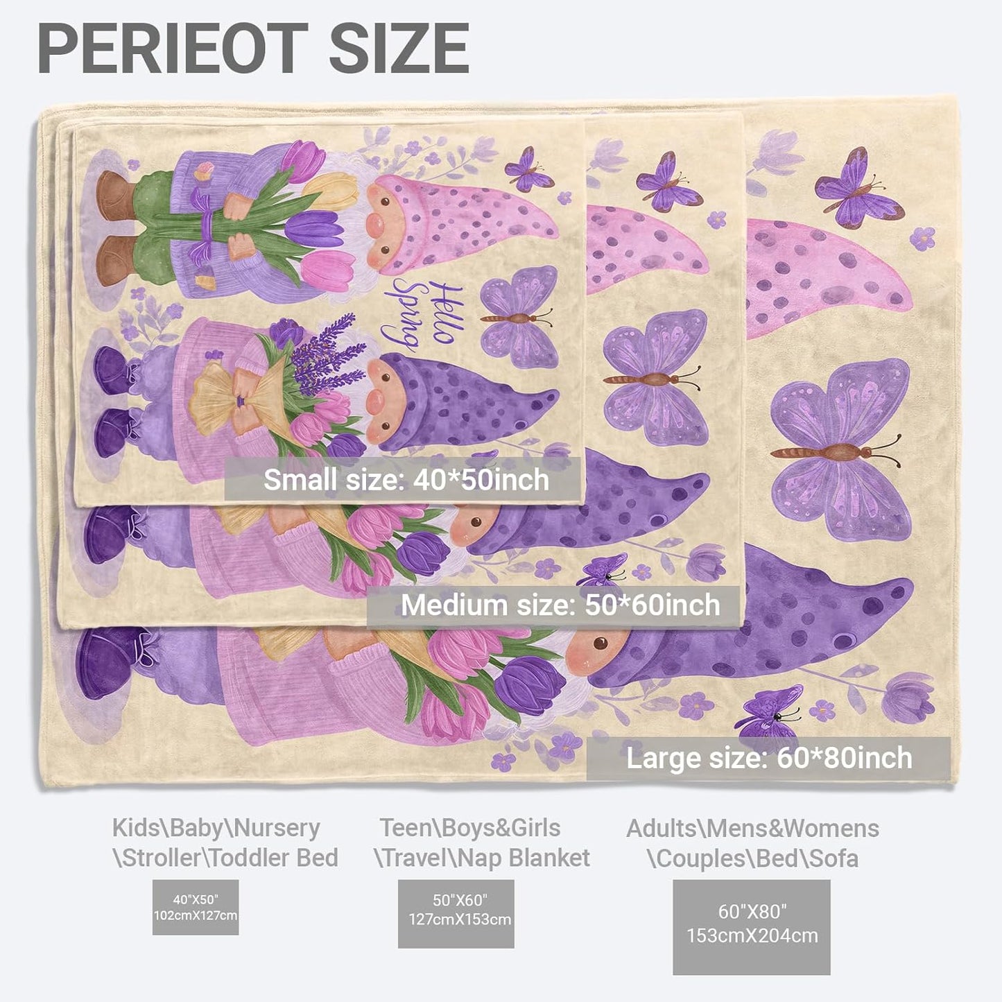 Gnome Lightweight Throw Blanket, Purple Lavender Flower and Butterfly, Warm Soft Cozy Flannel Blankets, Couch Dorm Home Decor All Season Use, 60x50in, Beige, Gifts for Women and Spring Lovers