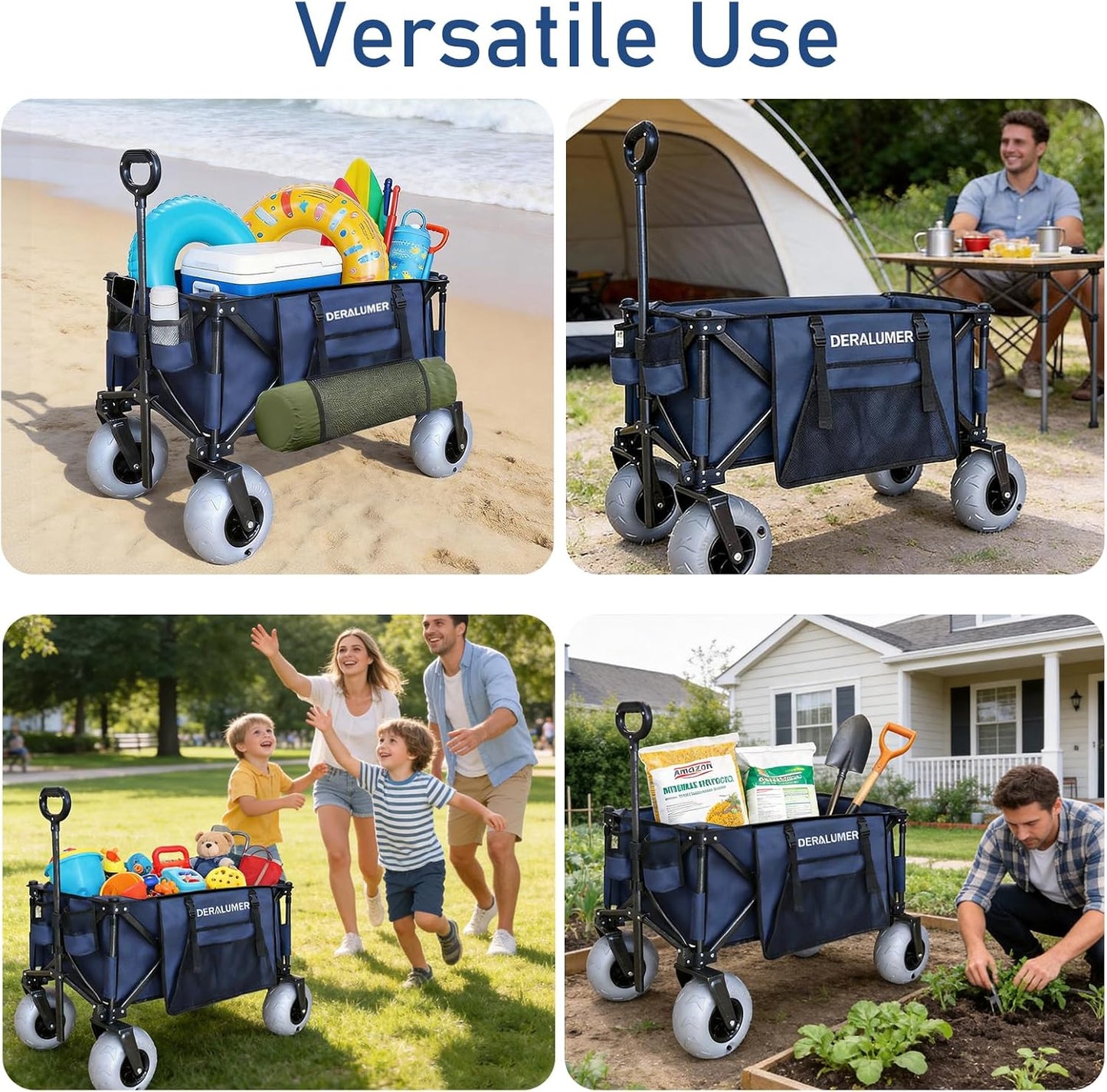 Beach Wagon with 9×4" Big Balloon Wheels for Sand, 35" Heavy Duty Folding Wagon with Side Bag, Collapsible Utility Cart for Beach, Camping, Garden & Outdoor (Navy Blue, X800 9×4" Balloon Wheels)