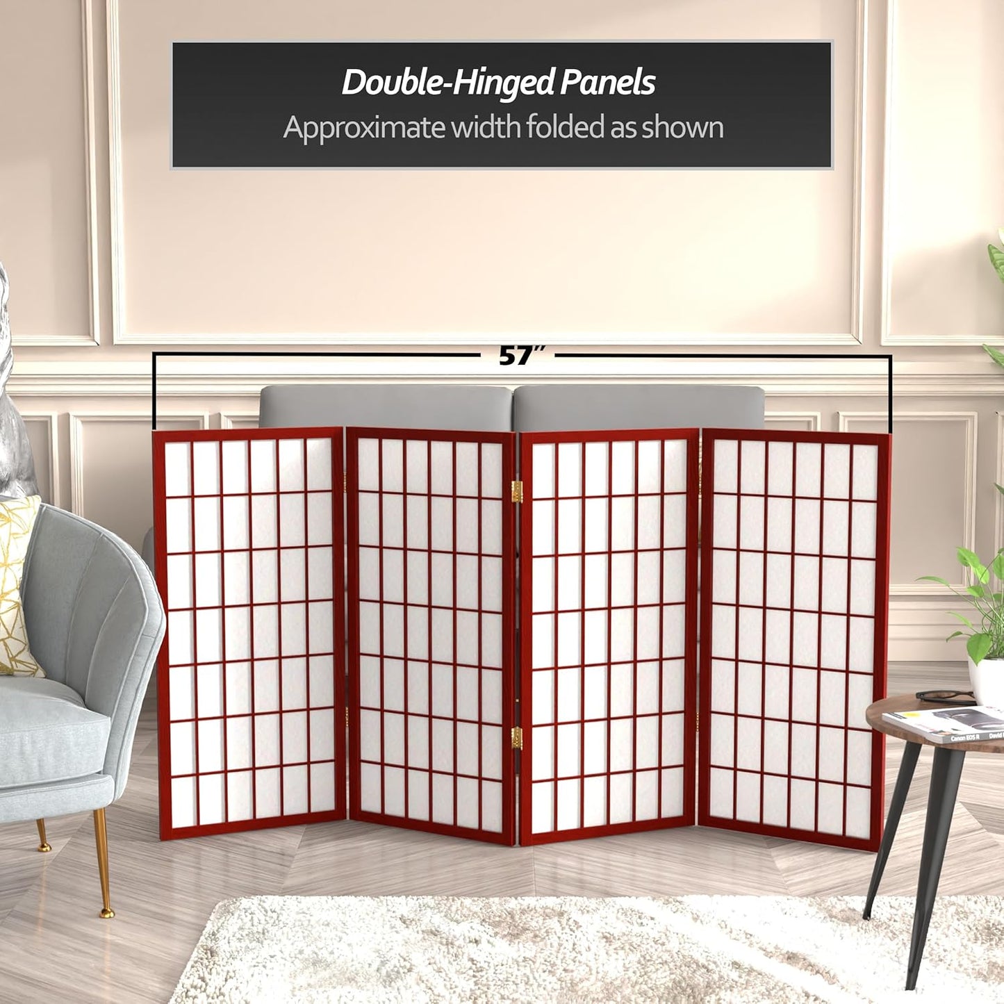 3 ft. Short Window Pane Shoji Screen - Rosewood - 4 Panels
