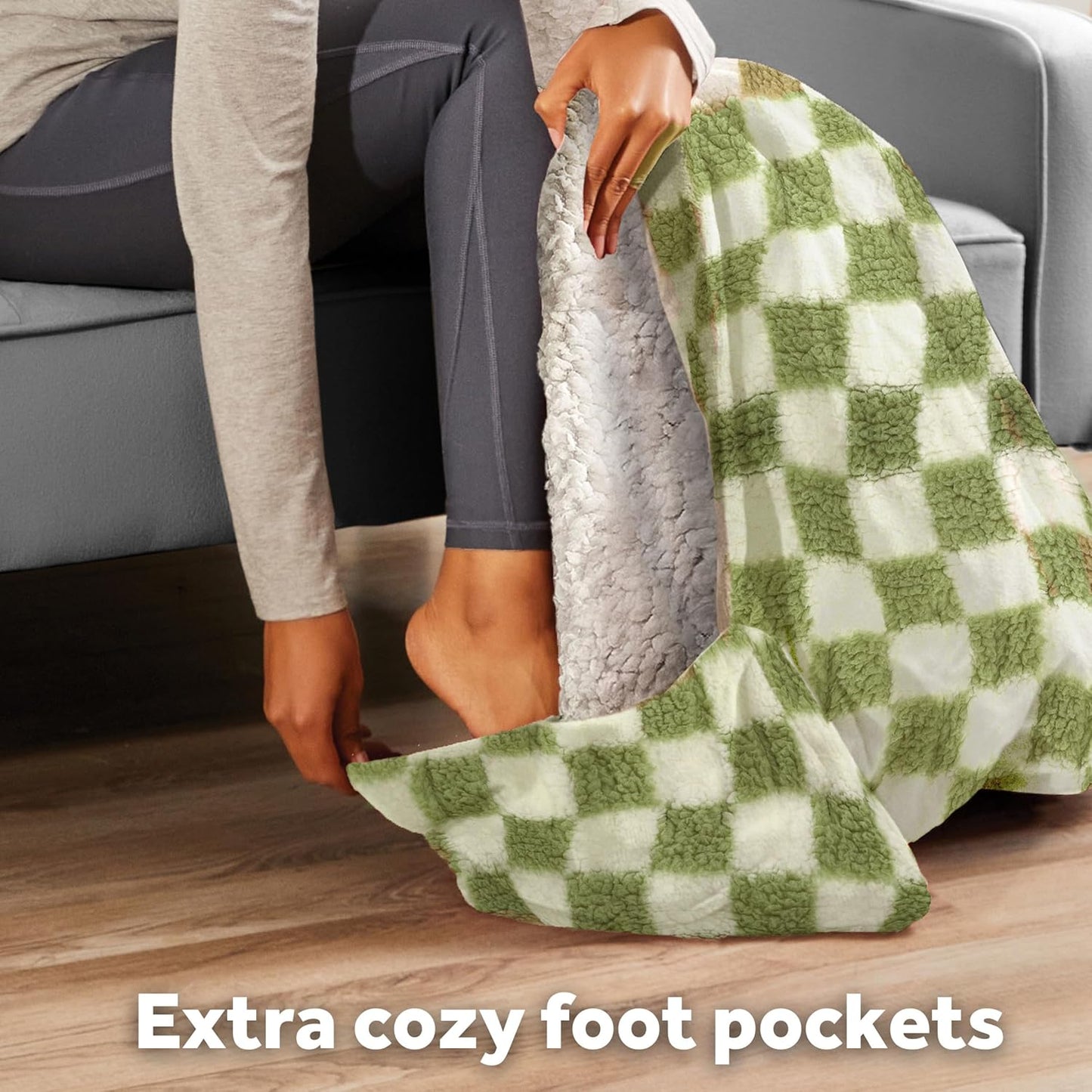 Sunbeam Printed Royal Sherpa Foot Pocket Heated Throw Electric Blanket, 50" x 60", 4 Heat Settings, 4-Hour Auto Shut-Off, Warming Cozy Throw for Couch or Bed, Machine Washable, Sage Checkerboard