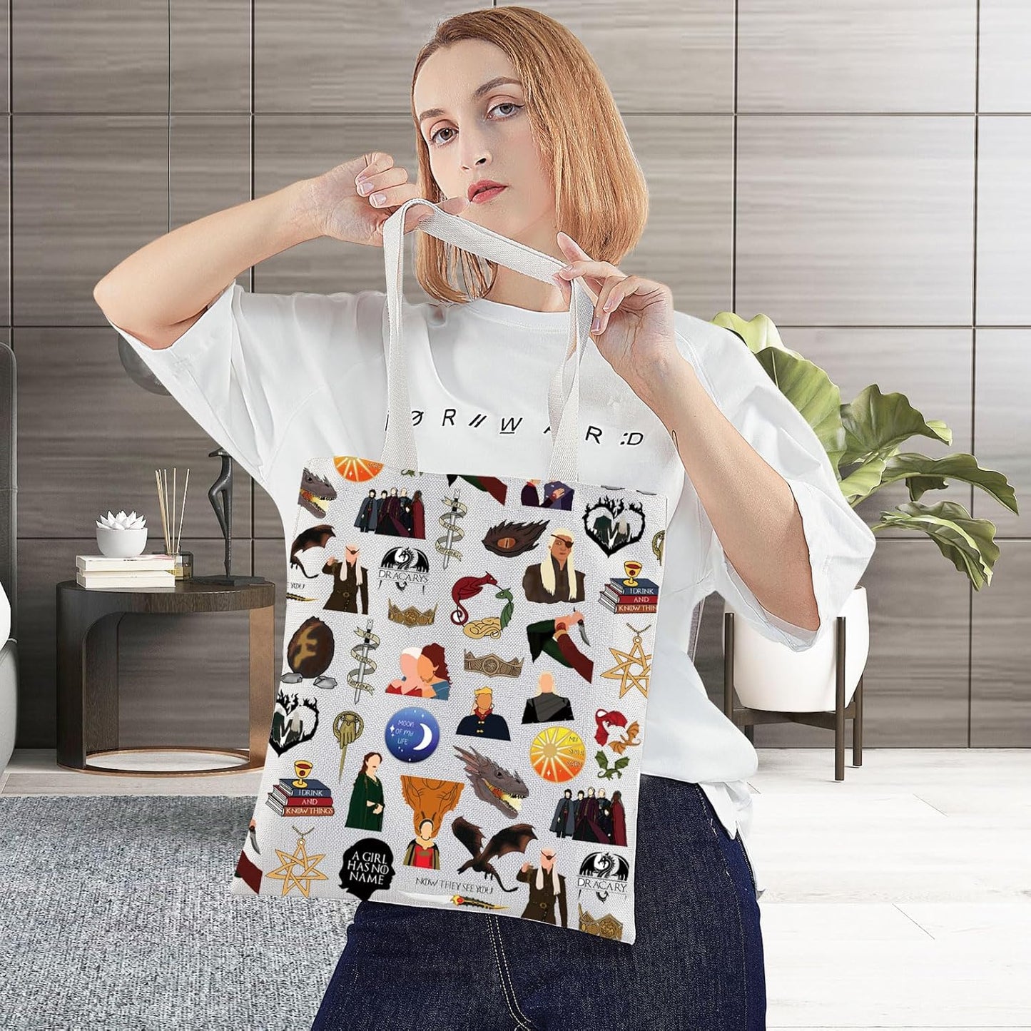 BWWKTOP Jon Snow Tote Bag Jon Snow Fans Gift Daenerys Reusable Grocery Bag House Stark Gift Stark & Targaryen Merch