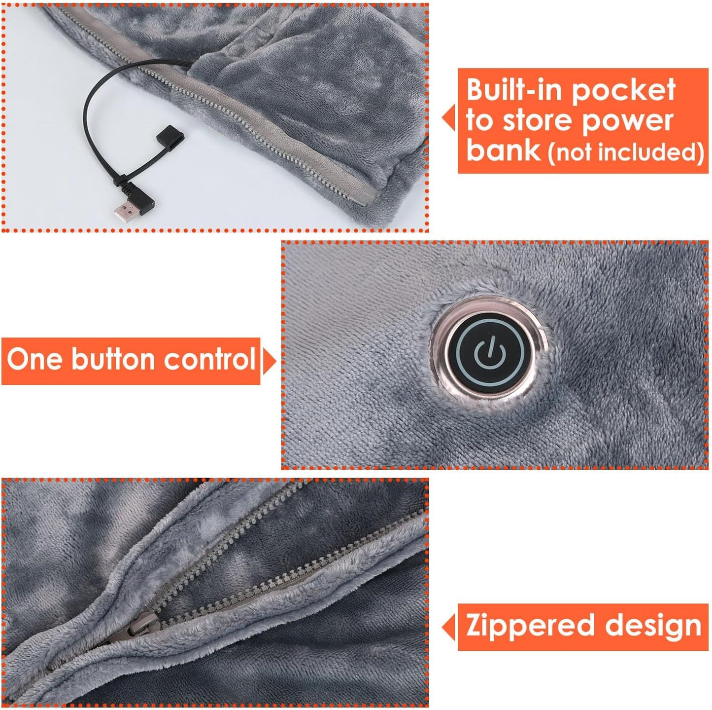 iMounTEK Electric Heated Blanket -59x31 inches USB Heated Blanket Poncho Shawl Wrap Throw with Zipper Poncho Shawl Wrap Throw for Home Office Sofa/Grey