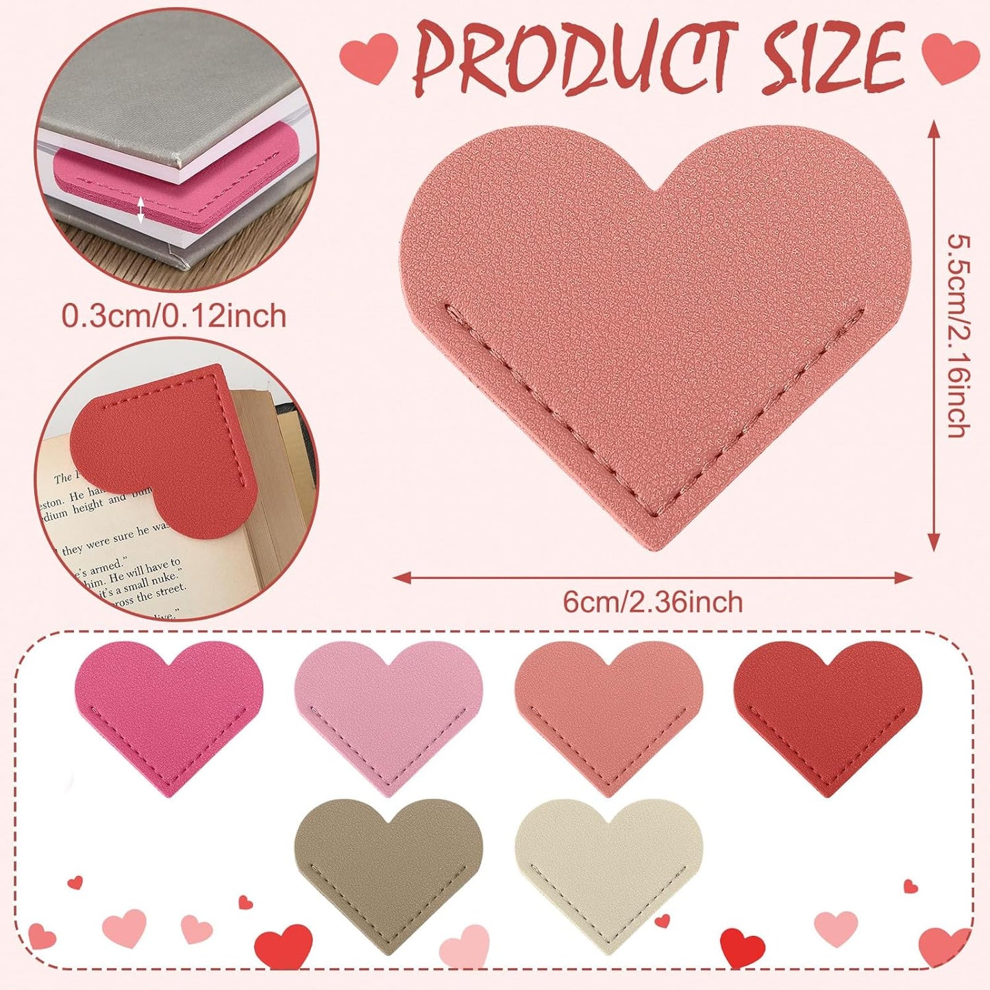 Skyygemm 12 Pcs Galentine's Day Leather Heart Bookmarks Valentine's Day Red Pink Corner Page Bookmark for Reading Book Holder Markers Book Lovers Gifts Accessories for Women Teachers