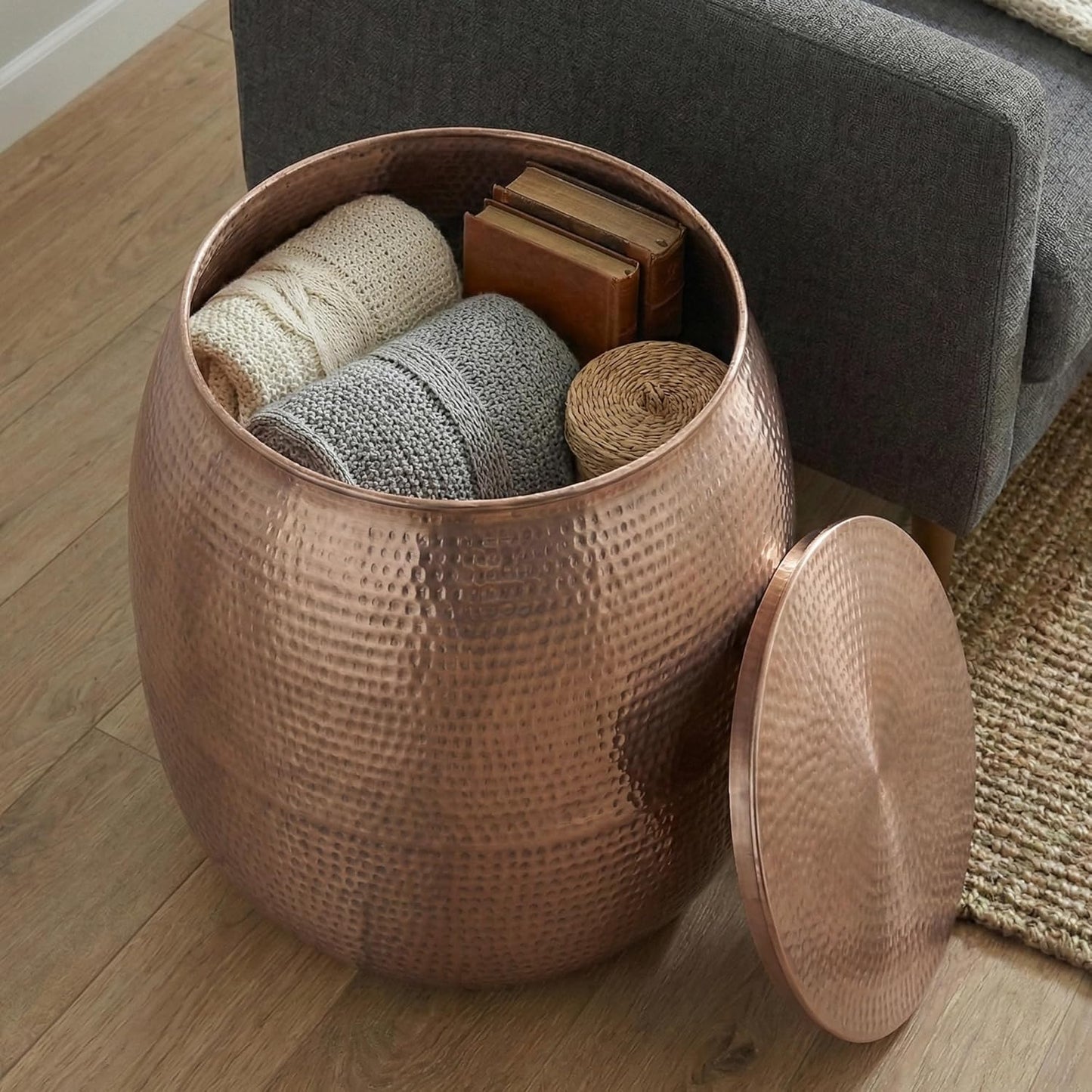 SIMPLIHOME Griffen Metal Storage Accent Table - 19 inch Wide Solid Metal Round Drum Side Table in Burnished Copper, Industrial End Table for Living Room with Hidden Storage Space, Assembled