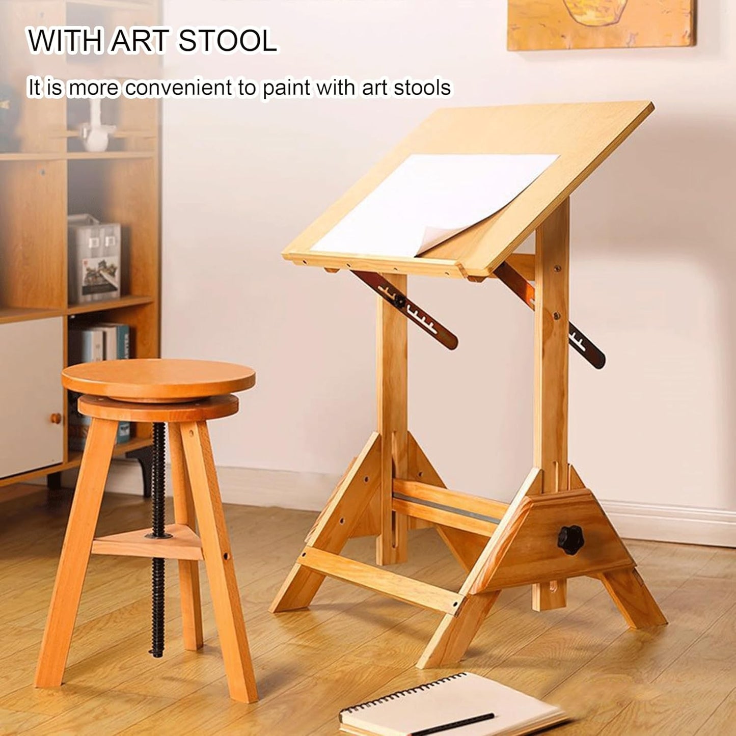 Drafting Table Art Desk for Adults - Solid Wood Drawing Table with Adjustable Angle & Height, Includes Stool - Ideal for Graphic Design, Reading, Studio & Study