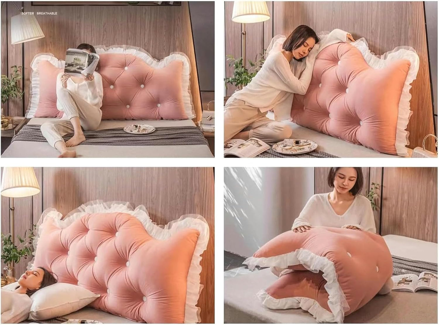 Headboard Pillow Reading Pillow Bedside Cushion Double Sofa Large Back,Removable Headboard Bolster Support Pillow for Bedroom Tatami Daybed Bunk Bed(Size:59"/150cm,Color:Pink)