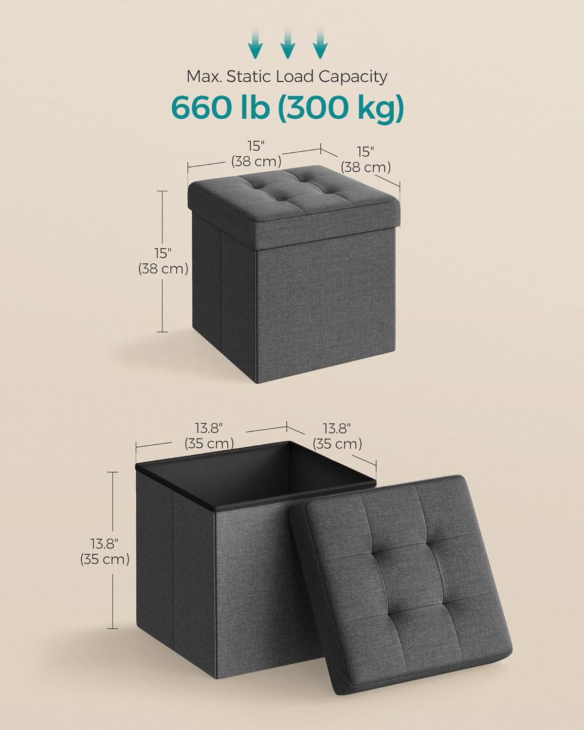 SONGMICS Storage Ottoman, Foldable Small Ottoman Foot Rest, 15 Inches Foot Stool, Cube Ottoman with Storage, Load up to 660 lb, for Living Room, Bedroom, Dorm, Dark Gray ULSF27Z