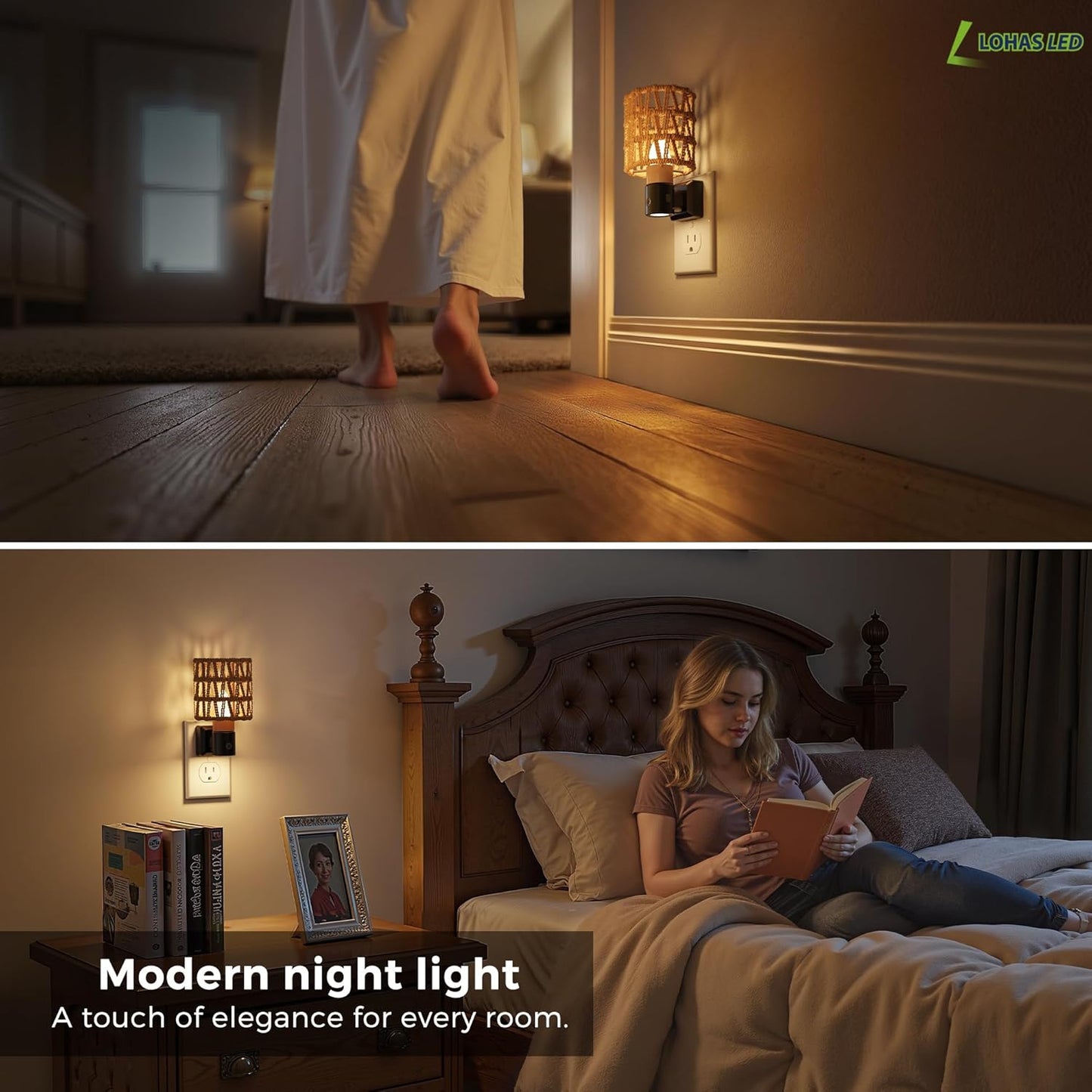 L LOHAS LED Night Lights Plug into Wall, Cylindrical Ironwork Boho Lampshade Decor Night Light, 350° Rotatable Dusk to Dawn Sensor Vintage Nightlight, Dimmable for Bedroom Living Room Hallway