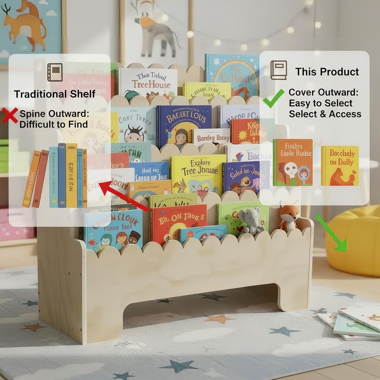 Kids Bookshelf 4-Tier, Natural Wood Children's Bookshelf, Scalloped Toddler Book Shelf, Baby Nursery Book Shelf, Display Front Facing Montessori Bookcase for Kids Room Playroom Nursery
