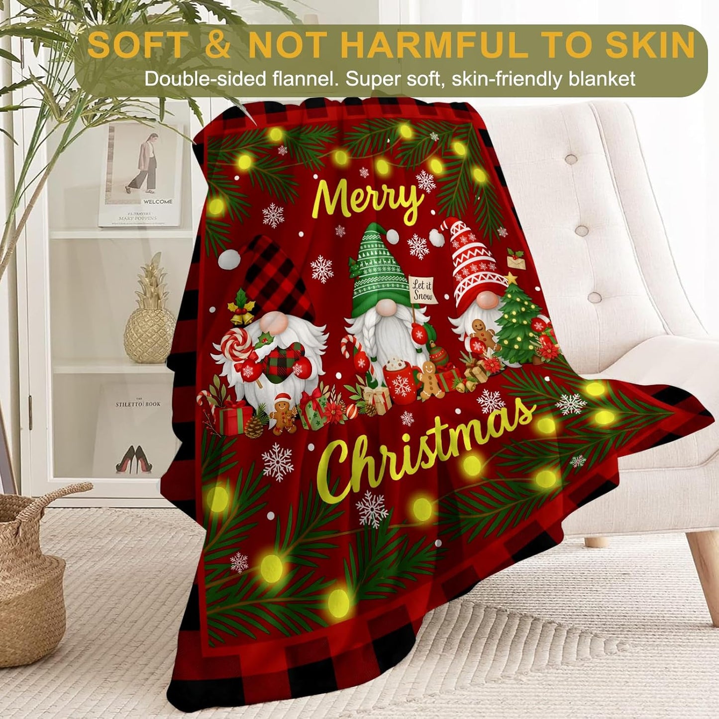 Gnome Christmas Decorative Throw Blanket, Gingerbread Tree Snowflake Print Decoration, Soft Flannel Winter Blankets for Couch Bed Sofa, Holiday Home Decor, Xmas Festival Gifts 50x60 Inch