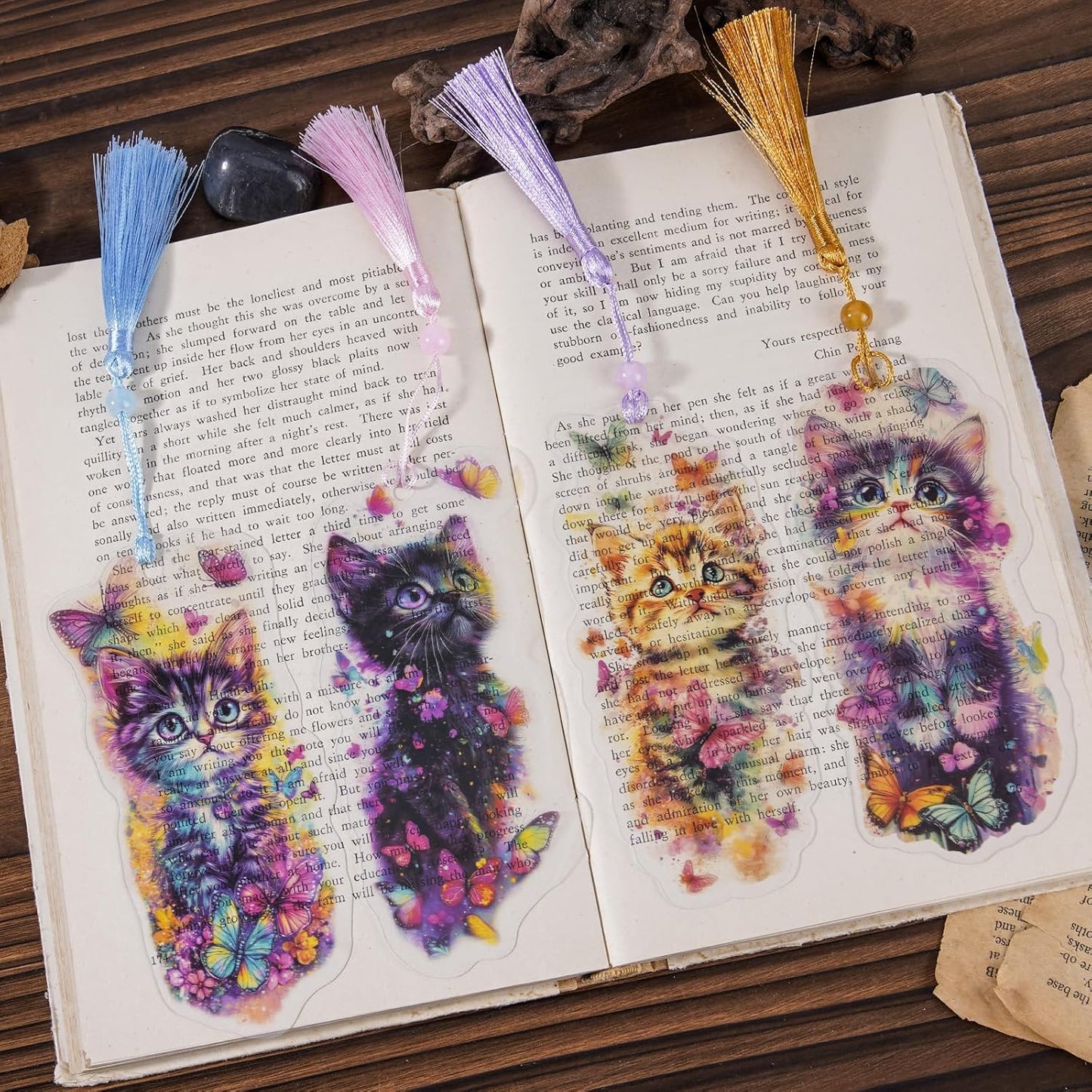 Cute Cat Bookmarks Gifts - 4 Pcs Cartoon Cats Butterflies Bookmark with Tassels Stained Glass Book Marks Gift Office Home Supplies for Women Kids Reading Lovers Writers Teacher Students Reader