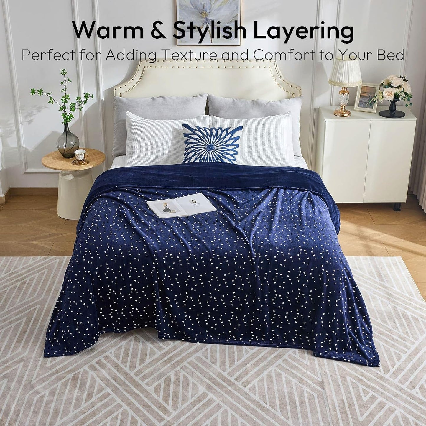 NANPIPER Fleece Blanket Heart Foil Print, King Size Soft Thick Microfiber, All Season Warm Lightweight Throw for Couch/Bed, 90"x108" Navy Blue