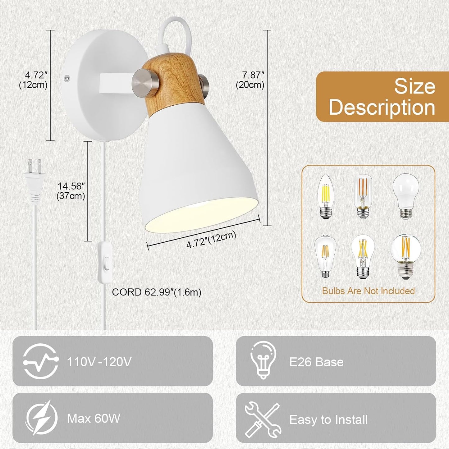 Modern Plug-in Wall Sconces - Matte White Adjustable Reading Light with Natural Wood Accent, Wall Lamp for Bedroom, Living Room, Home Office