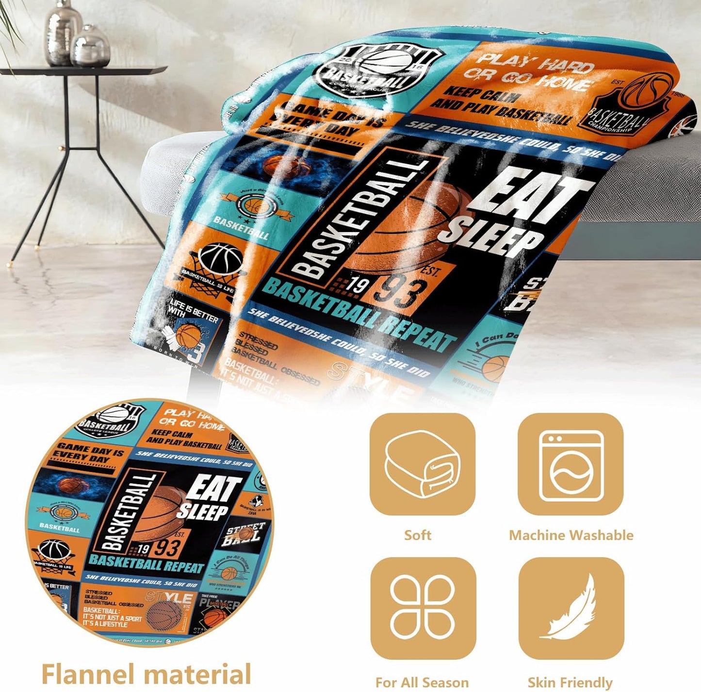 Basketball Throw Blanket 60 x 50 – Soft Flannel Fleece Sports Room Decor for Boys & Girls, Teen Collage Poster Style, Cozy Couch/Bed Throw, Machine Washable Gift for Basketball Fans