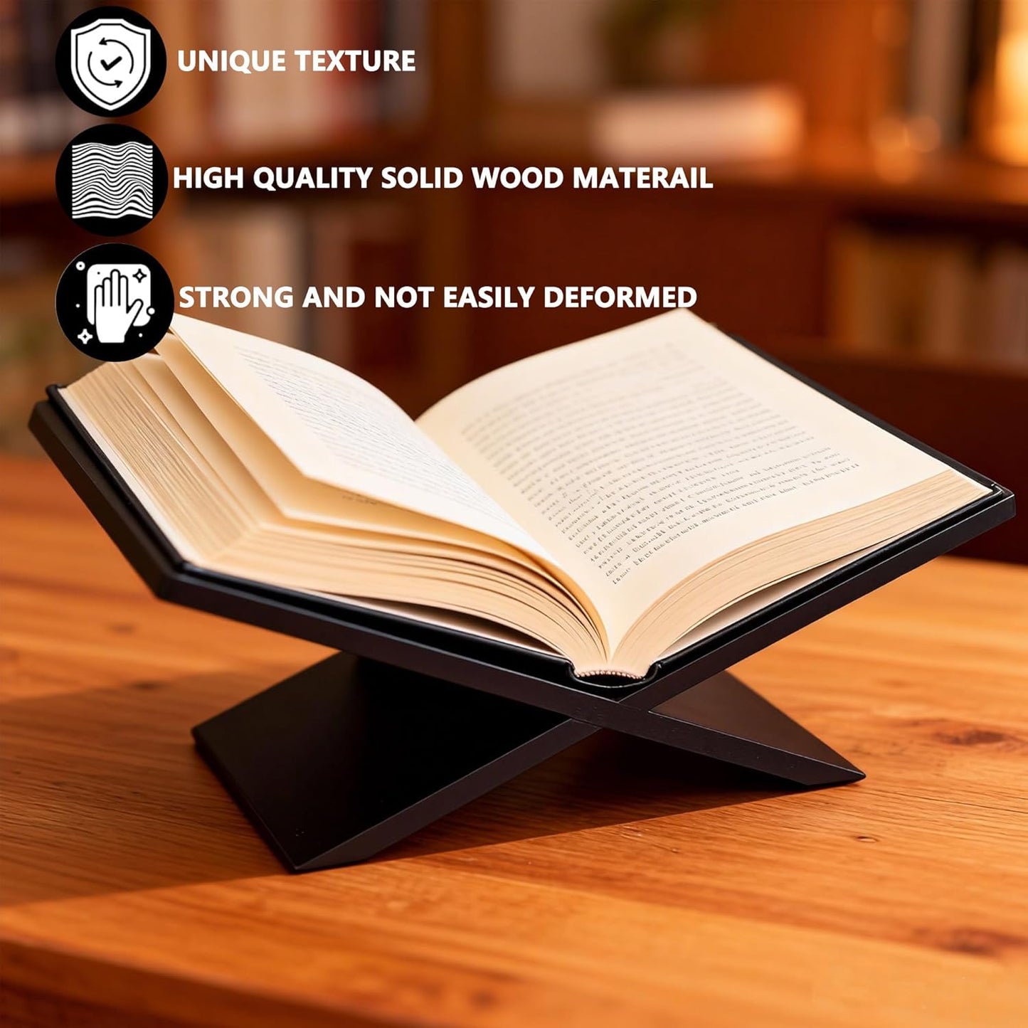 Solid Wood Book Stands with Bookmark - Cross Frame Walnut Wooden Book Holder, Open Bookstand for Display and Reading, Suitable for Art, Bible, Cookbook, Easel, Magazine, Textbooks (Black)