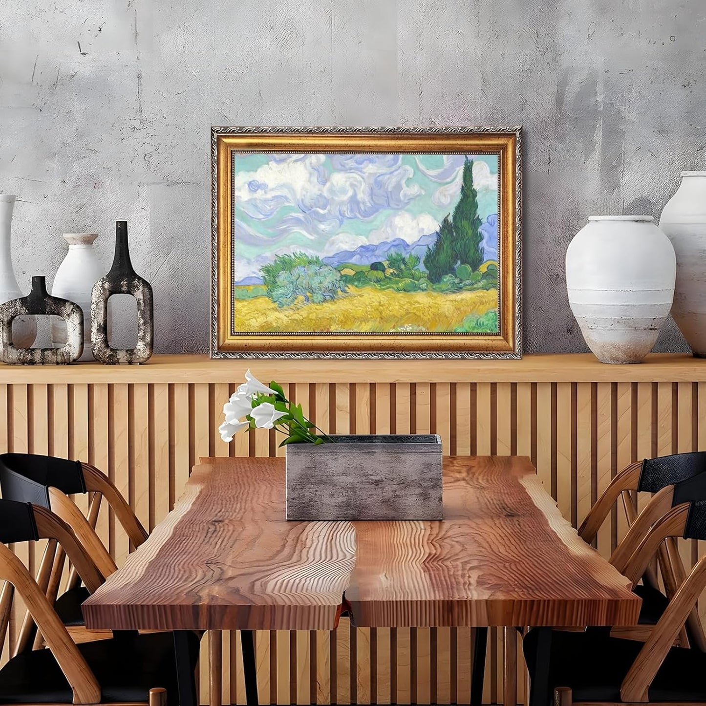 Gold Framed Wheat Field with Cypresses by Vincent Van Gogh Canvas Wall Art Classic Flower Oil Painting Reproduction Poster Famous Artwork Landscape Painting Pictures for Home Decor 12x16inch