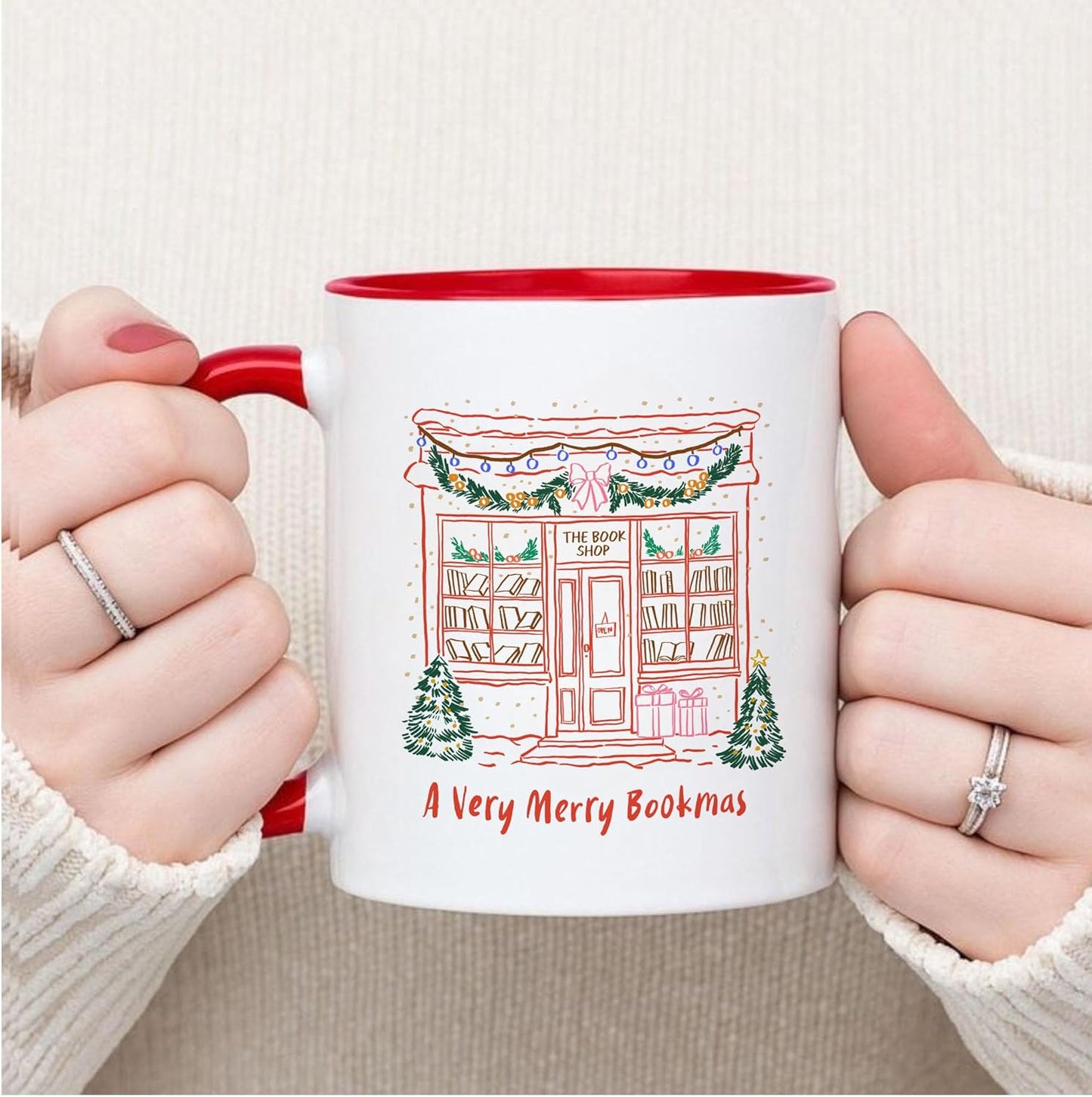 A Very Merry Bookmas Christmas Book Lover Coffee Mugs, Xmas Two-Tone Accent Ceramic Cups, Holiday Gifts, 11oz 15oz