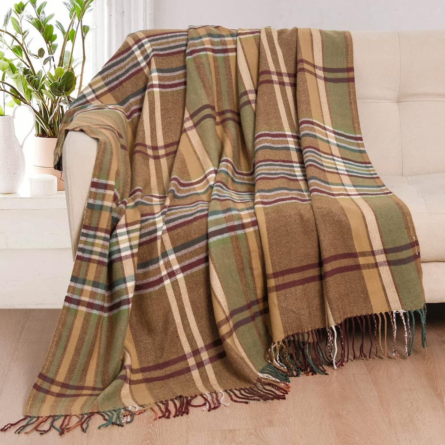 David's Home Buffalo Plaid Throw Blanket- Soft and Lightweight Tartan Herringbone Fringe Blanket for Couch Sofa-Outdoor Lap Throw with Decorative Tassels,50x60 Inches-Pumpking Orange