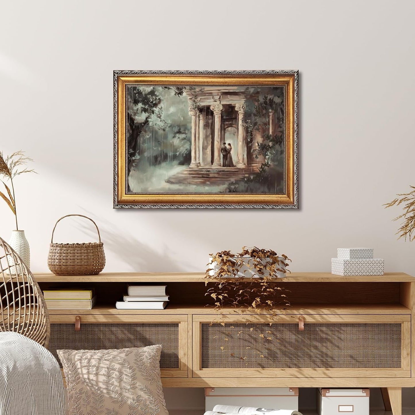 Gold Framed Pride and Prejudice Proposal Wall Art Poster Vintage Temple Scene Painting Elizabeth Bennet Canvas Print Romantic Jane Austen Artwork Living Room Cottagecore Picture Wall Decor 12x16inch