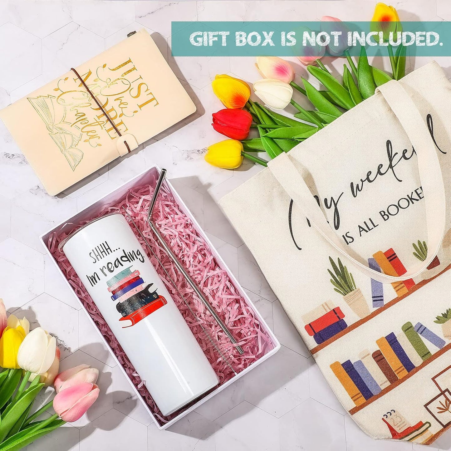 Fuutreo Book Lovers Gift Sets Include 20 oz Stainless Steel Tumbler Cup with Lid Library Canvas Tote Bag Leather Journals with Inspirational Words Books Club Gifts for Book Lovers' Day Reader