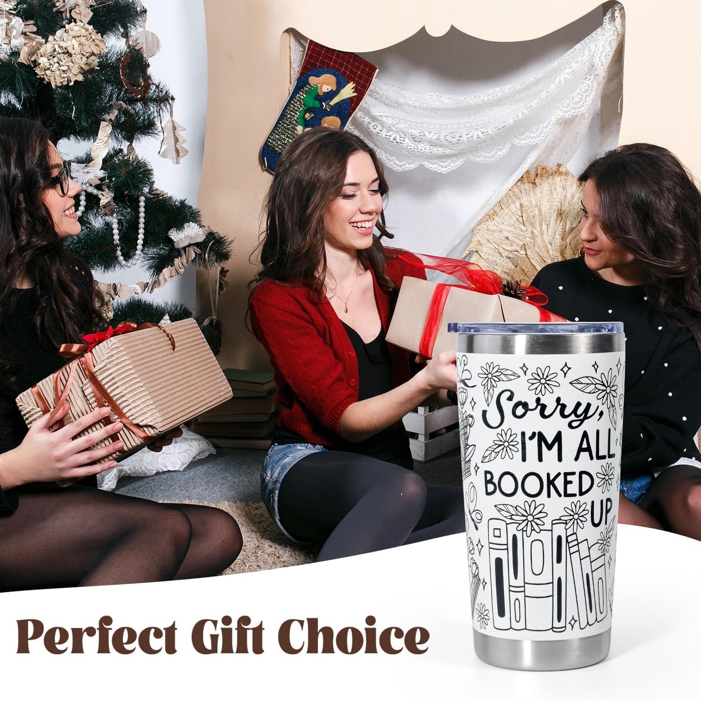 Book Lovers Gifts - Sorry, I'm All Booked Up, 20 oz Insulated Coffee Tumbler Cups, Bookish Gifts for Readers Woman Librarian, Book Club Gifts, Book Themed Present
