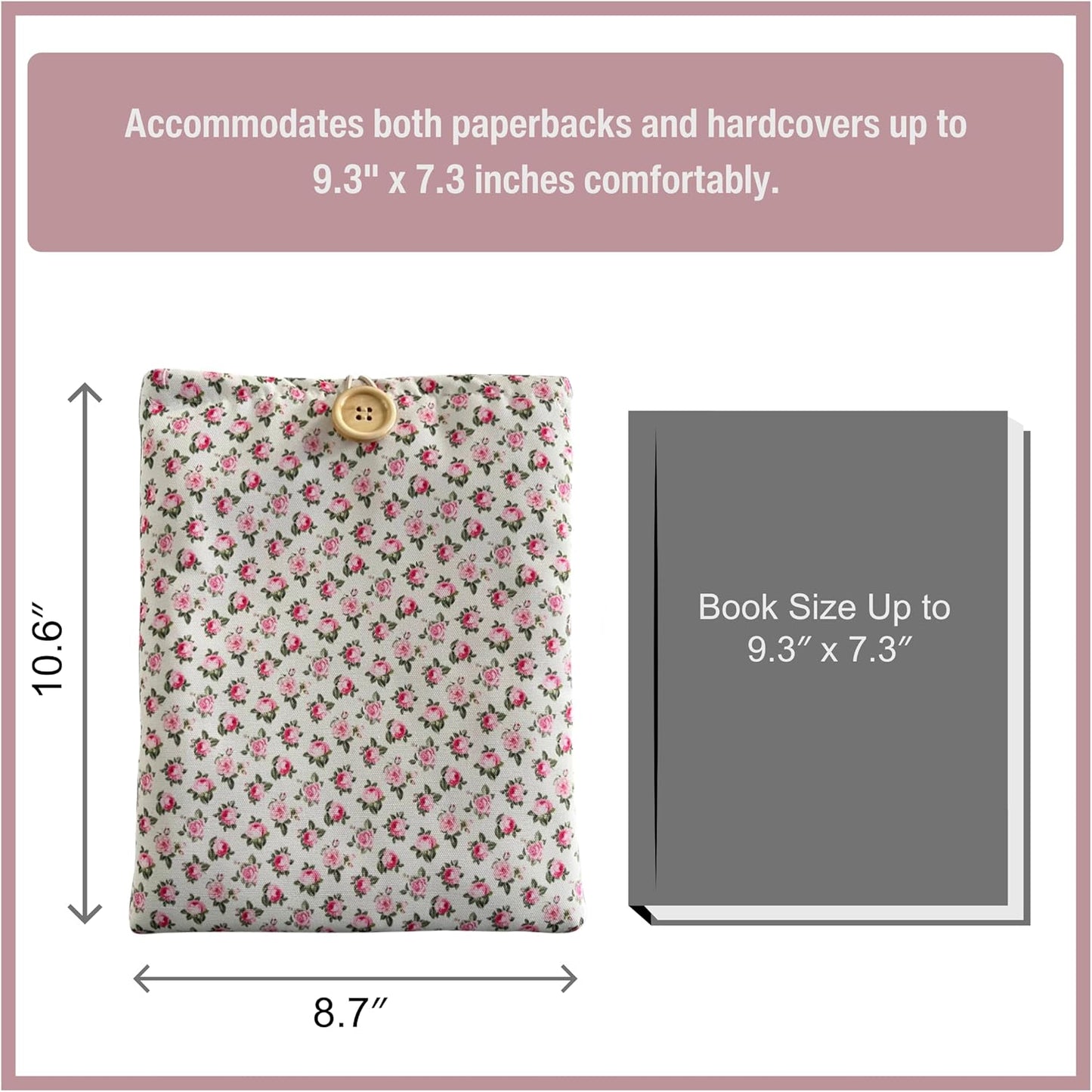 Floral Book Sleeve - Elegant Book Cover with Wooden Button, Cotton Padded Protector for Paperbacks & Hardcovers, Ideal for Book Lovers, Durable Design (White & Roses, Large)