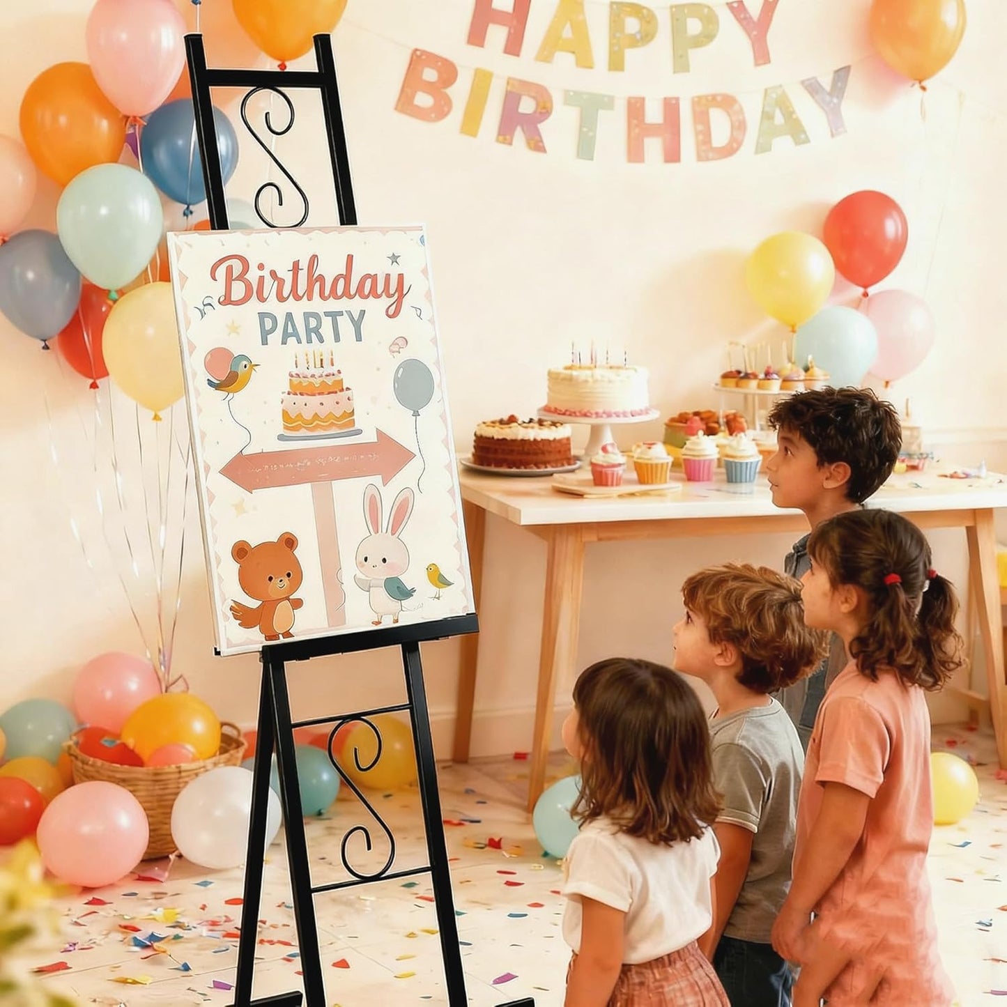 Black Easel Stand for Sign, Heavy Duty Wedding Welcome Sign Stand, Adjustable Art Easel for Display, Painting, Posters, Party, 17” x 17” x 58”H (1 Pack