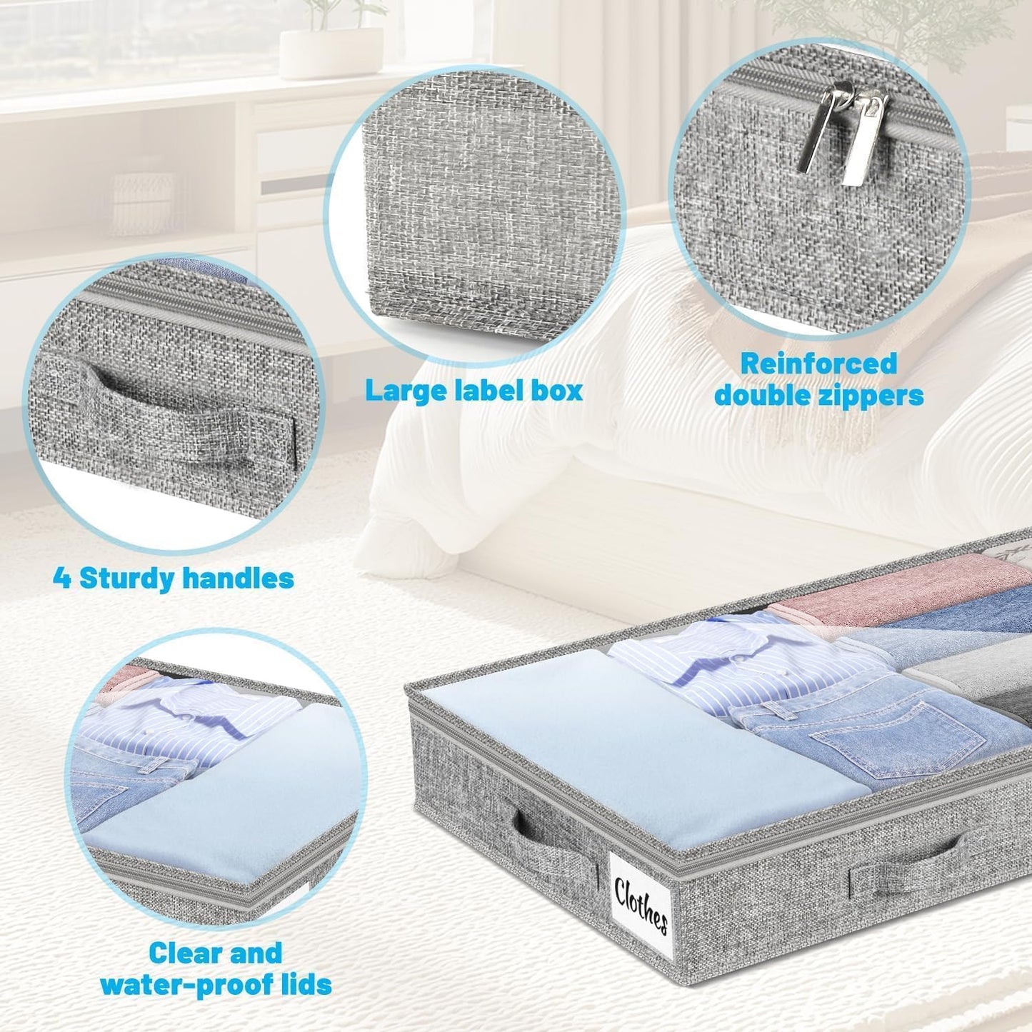 3 Inch Low Profile Under Bed Storage Drawer 2 Pack, Lightweight Underbed Clothes Storage Container Bins with NO STURCTURE, Shallow Storage Bag for Dorm & Home, With Clear Lids & Water-Resistant Fabric