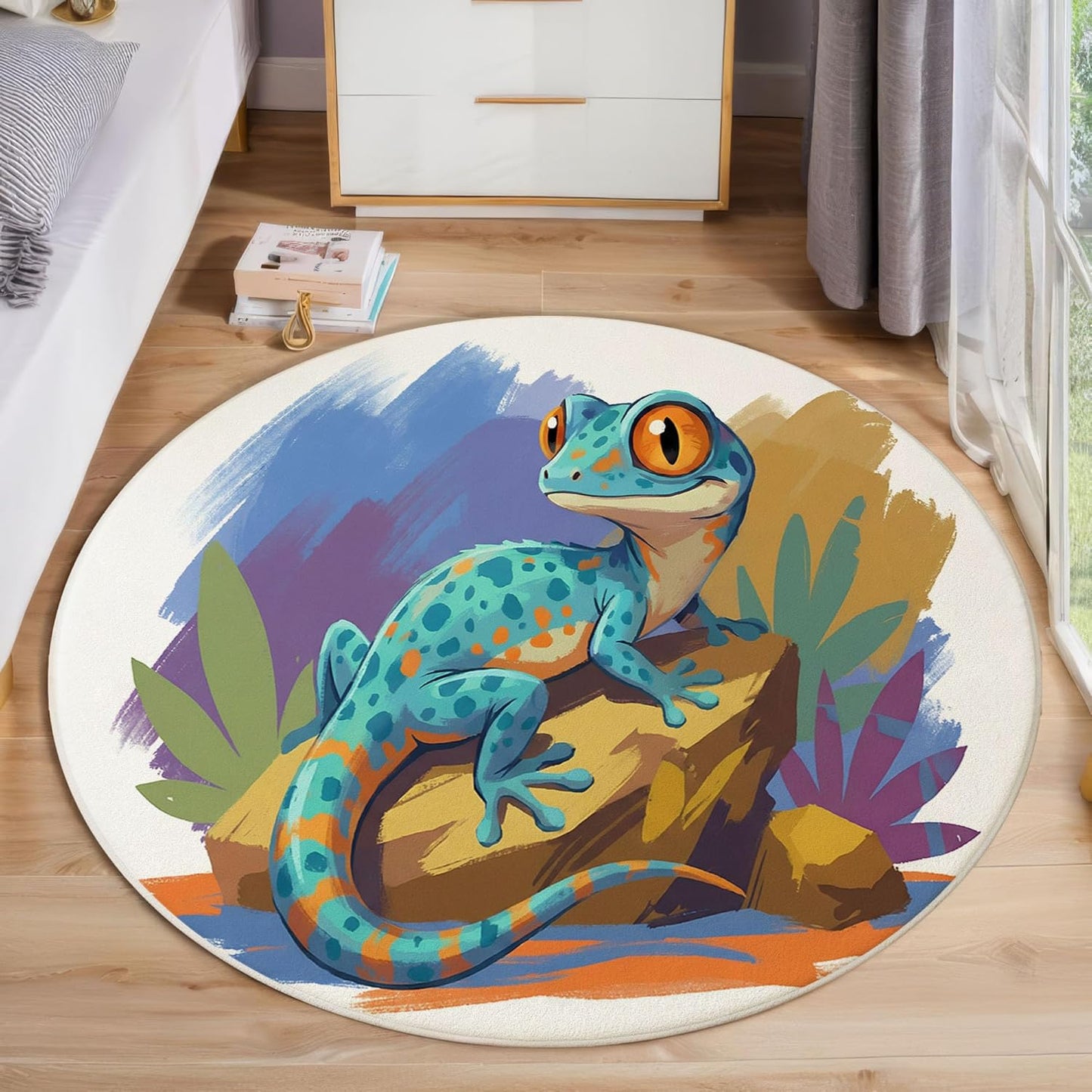 Modern Round Area Rug for Living Room, 5Ft Washable Round Rug Turquoise Watercolor Gecko Rocks Circle Rugs for Dining Room Table, Cartoon Animals Small Circular Floor Carpet for Bedroom