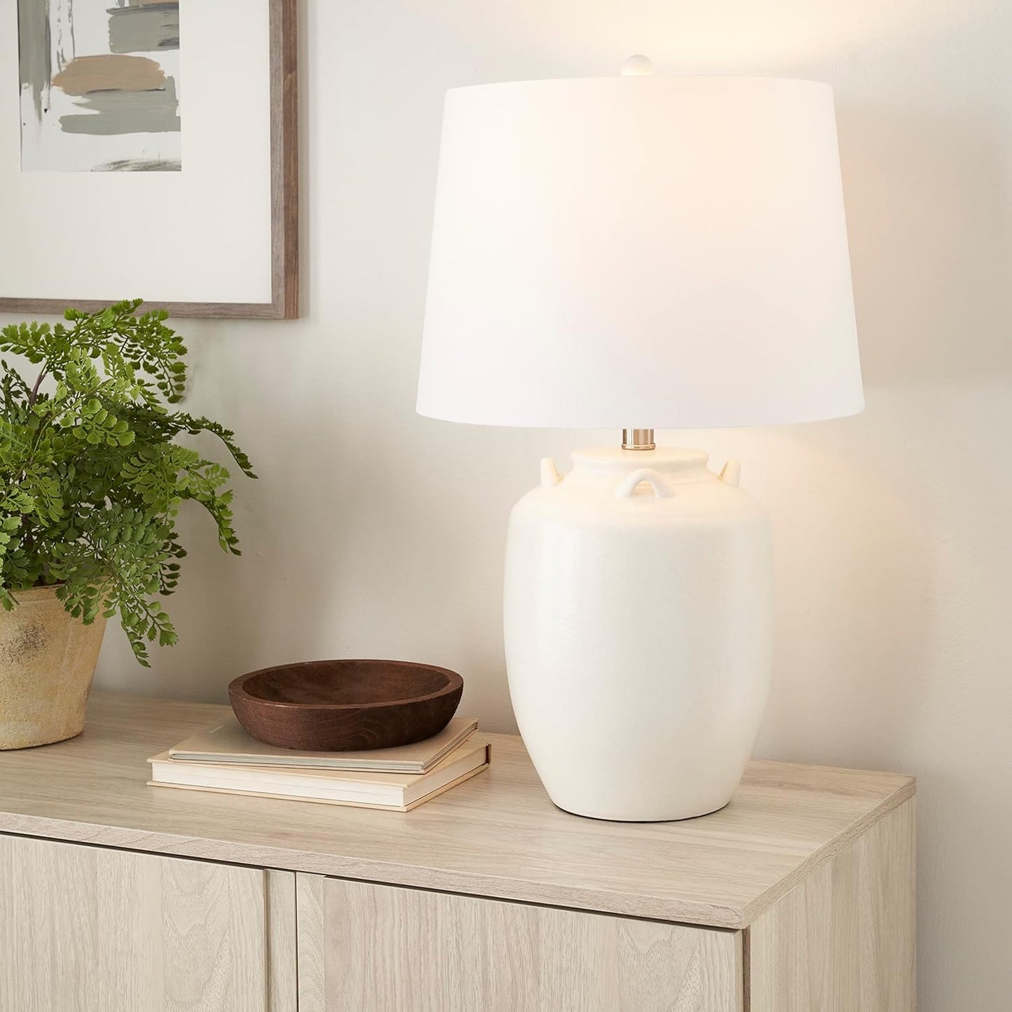 Nourison Home 24" White Farmhouse Ceramic Pottery Jug Table Lamp for Bedside Table, Living Room, Office, Entryway