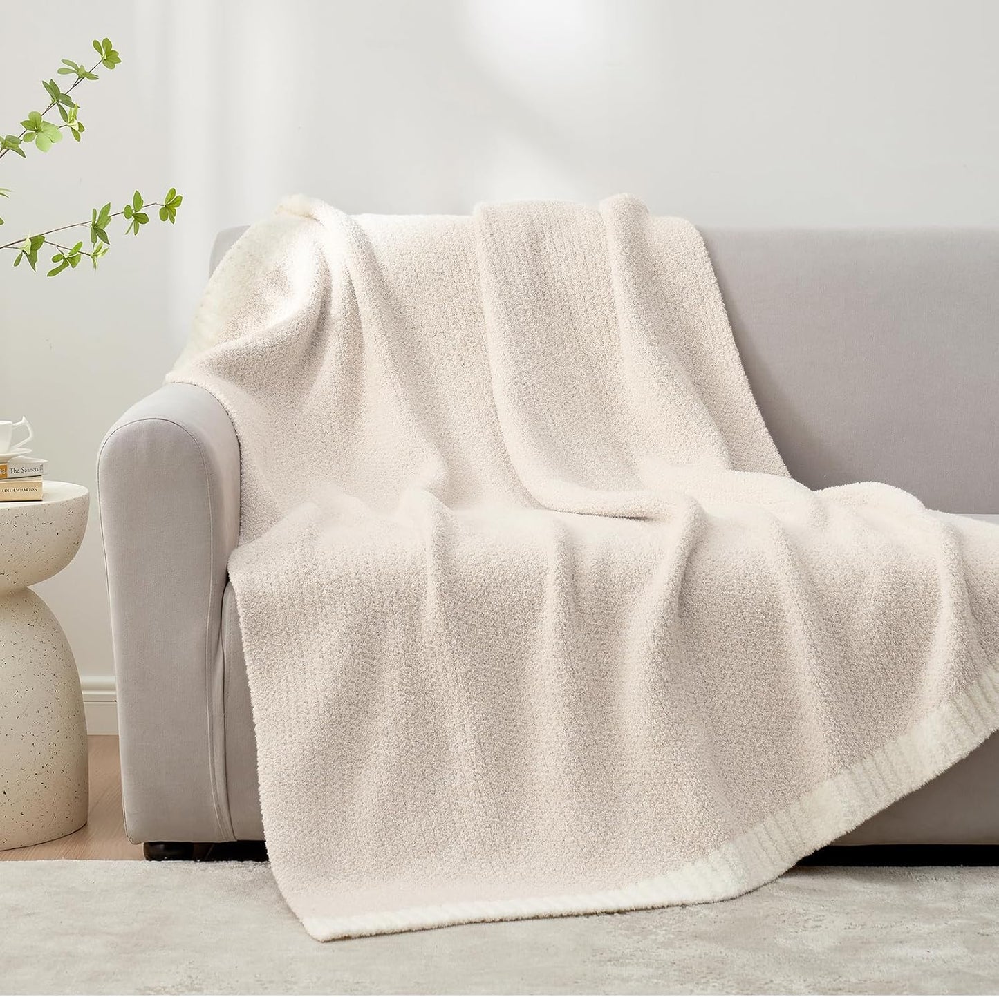 Snuggle Sac Buttery Ivory Throw Blanket for Couch, Reversible Super Soft Knitted Blankets, Warm Cozy Knit Fuzzy Plush Lightweight Throws Dupes for Sofa, Bed, Picnic, Ivory, 50 x 60 inches