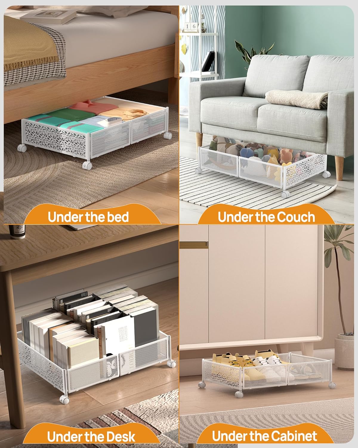Under Bed Storage With Wheels - 60L Foldable Pattern Carved Metal Container, Rolling Underbed for Shoes, Clothes, Blankets - Easy Assembly