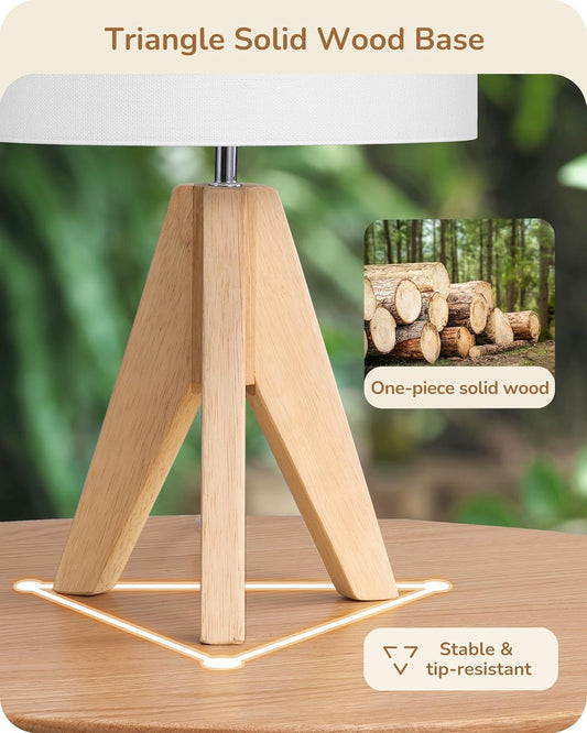 EDISHINE Small Cute Table Lamp, Wood Tripod Nightstand Lamp, Mid Century Bedside Lamp with Linen Fabric Shade for Nursery, Living Room, Bedroom, End Table, UL Listed, 14.2 Inch, ON/Off Switch