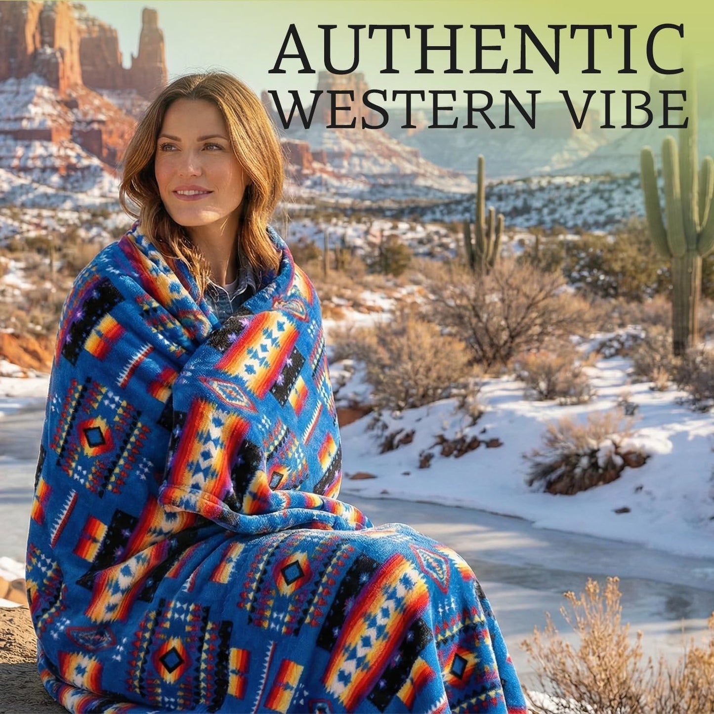 Sacred Thread Aztec Blanket Fleece, Reversible Native American Blanket, Western Throw, Native American Western (Blue Sherpa), Full (60”x80”)