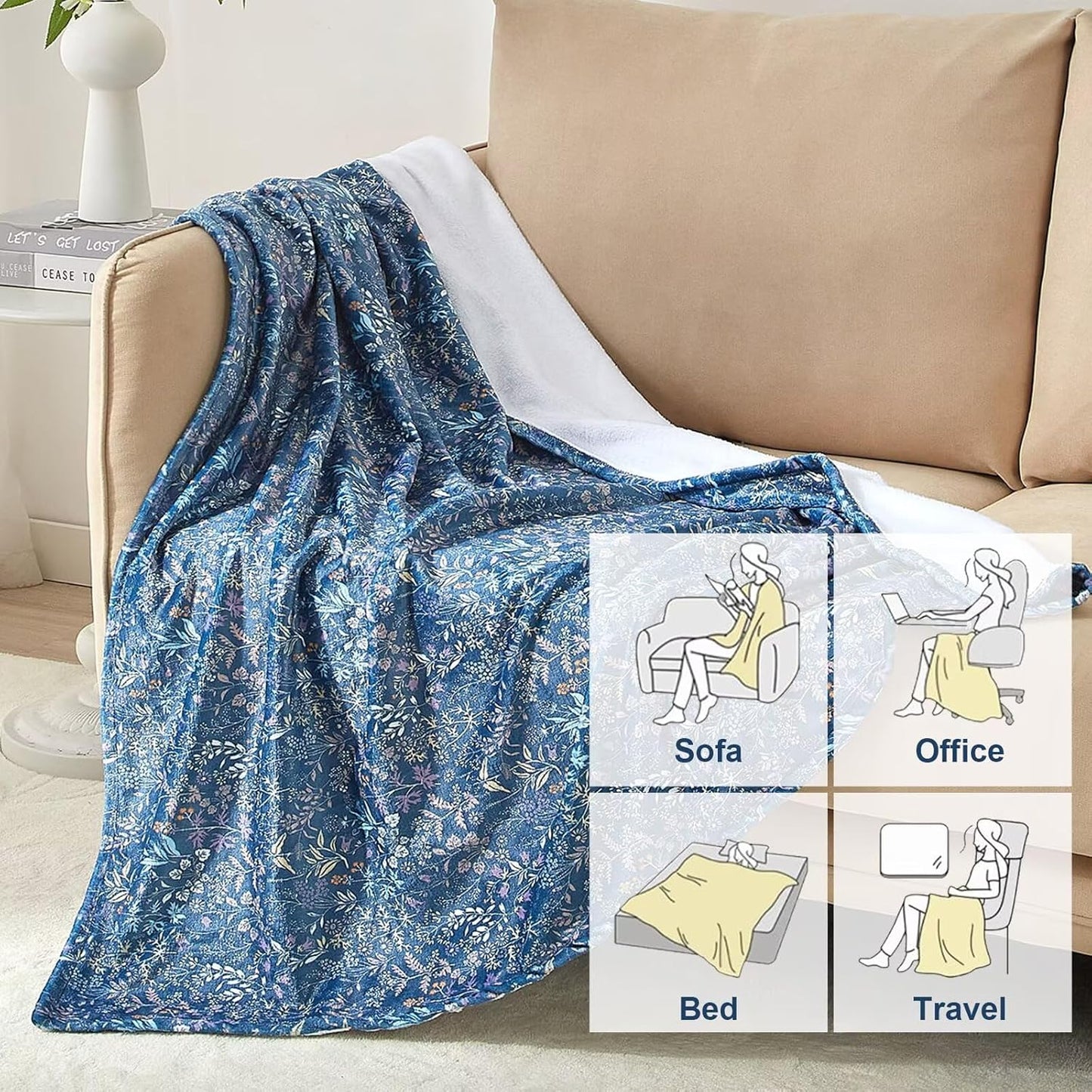 Navy Blue Flannel Throw Blanket for Couch Sofa Bedroom All Season Use Lightweight Floral Fleece Autumn Fall Thin Throw Blankets for Office Naps Travel Soft Cozy Warm Blanket for Women