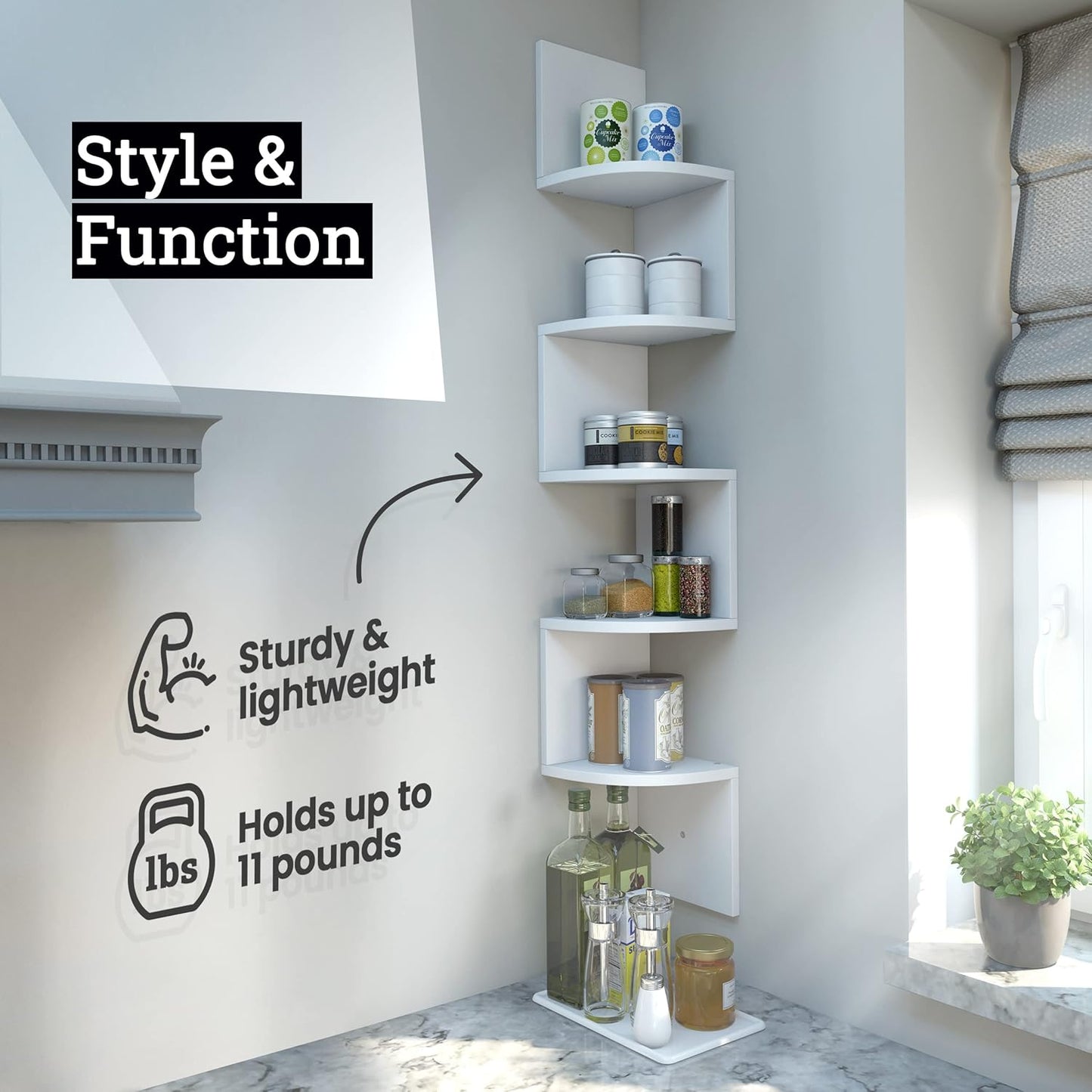 Greenco Corner Shelf, 5 Tier Floating Shelves for Wall - Room Decor Storage Solution for Offices, Bedrooms, Bathrooms, Kitchens, and Dorm Rooms - Home Decor - Natural Finish