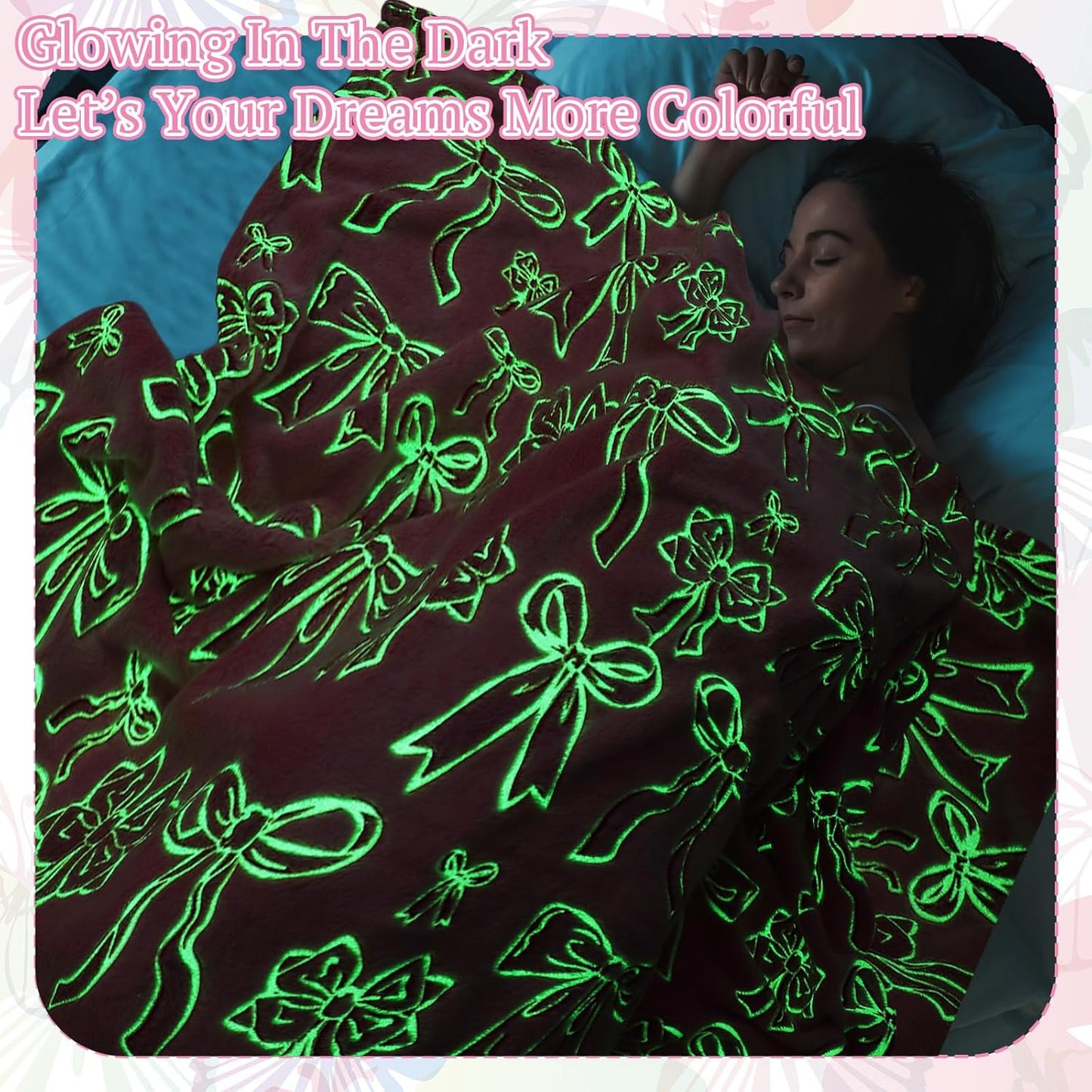 Bow Blanket Glow in The Dark Blanket Soft Cozy Flannel Glow Throw Warm Luminous Throw Gift for Girls Boys Women Men Nursery Bed Sofa Couch Travel Birthday, 50" x 60" (Pink)