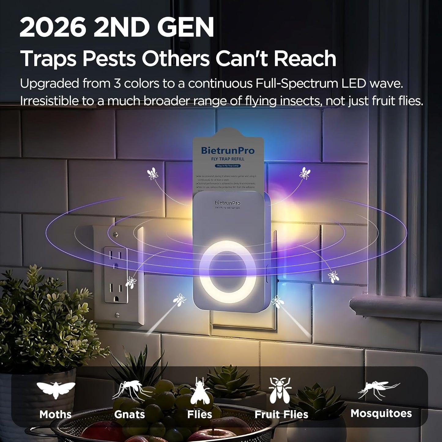 2 Flying Insect Traps+10 Refill Cartridges, 2026 2nd Gen, UV/Blue/Yellow Light Plug in Fly Trap & Indoor Bug Catcher for Gnats, No-Mess Bug Zapper, House & Fruit Flies, 7 * 24hrs Pest Control