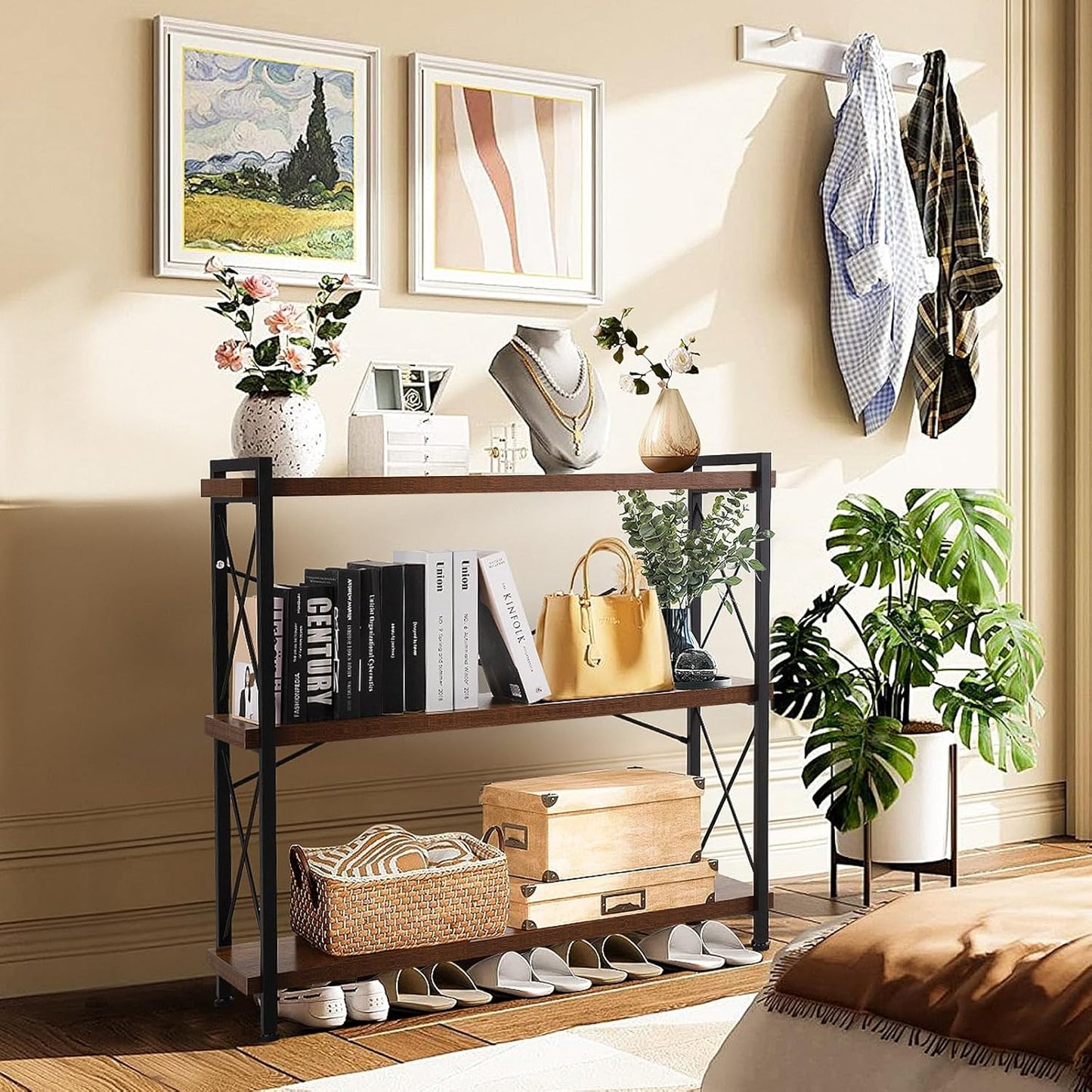 3 Tier Bookshelf 35.43" Width, Rustic Open 3 Shelf Short Bookcase with Metal Frame, Industrial Book Shelf for Home Office Bedroom Living Room (Rustic Brown)