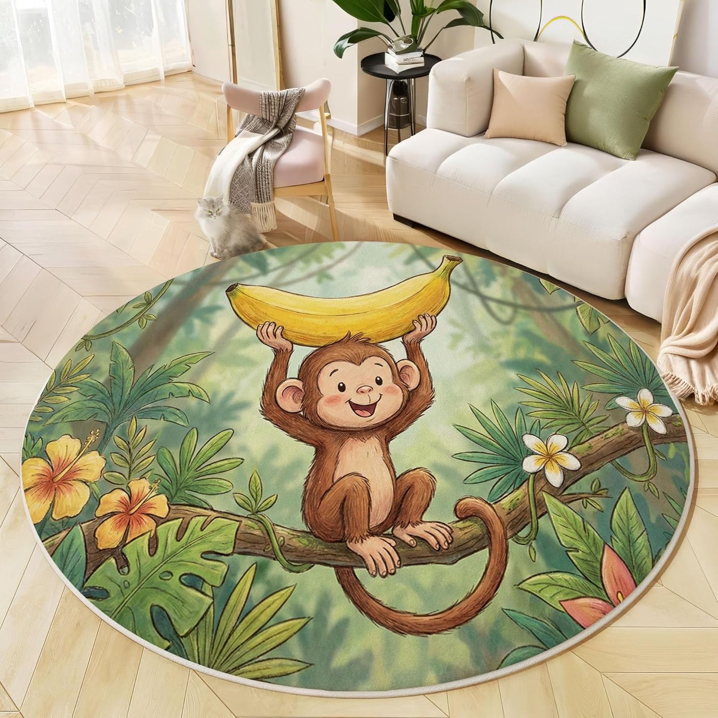 Round Rug for Kids Room, Cute Monkey Banana Round Rugs 3Ft, Tropical Plants Circle Rug, Forest Green Washable Circle Carpet for Living Room Bedroom, Non Slip Low Pile Thin Area Rugs