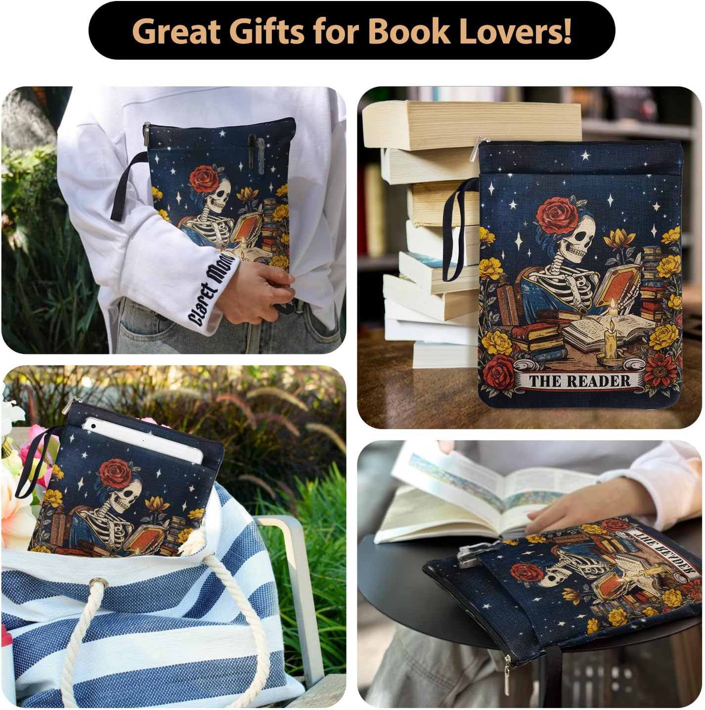 Dark Academia Gifts for Women Book Lovers, The Reader Book Sleeve Pouch for Bookworm Teachers Librarian, Tarot Bookcovers Protector for Paperbacks with Handle Pocket, Reading Accessories for Student