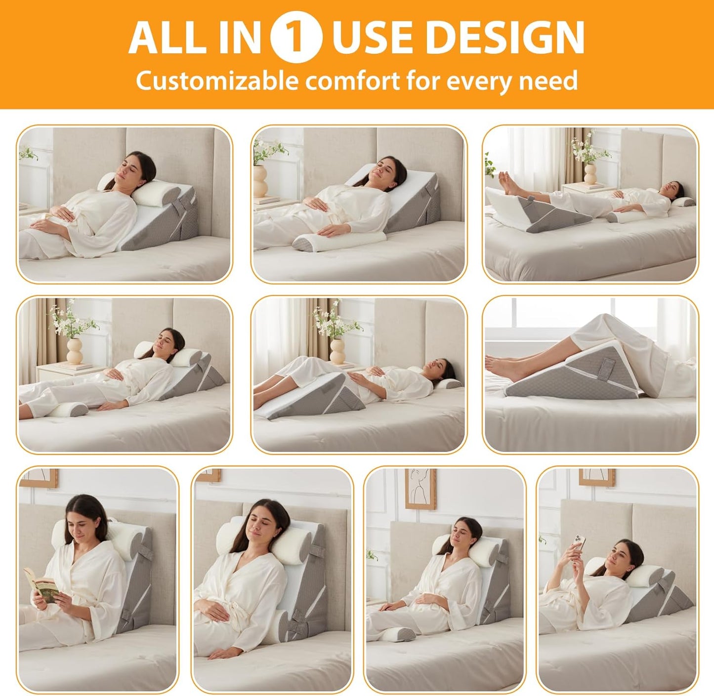 4PCS Wedge Pillow Set for After Surgery, Adjustable 9&12 Inch Bed Wedge Pillow for Sleeping, Incline Pillow Wedge for Headboard, Post Surgery, Acid Reflux, Neck&Back Support, White/Grey
