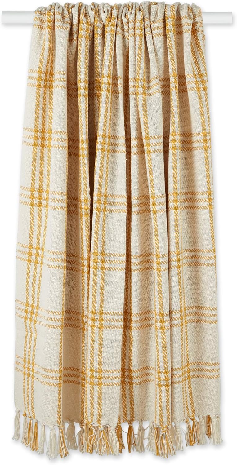 DII Modern Farmhouse Plaid Collection Cotton Fringe Throw Blanket, 50x60, White/Honey Gold