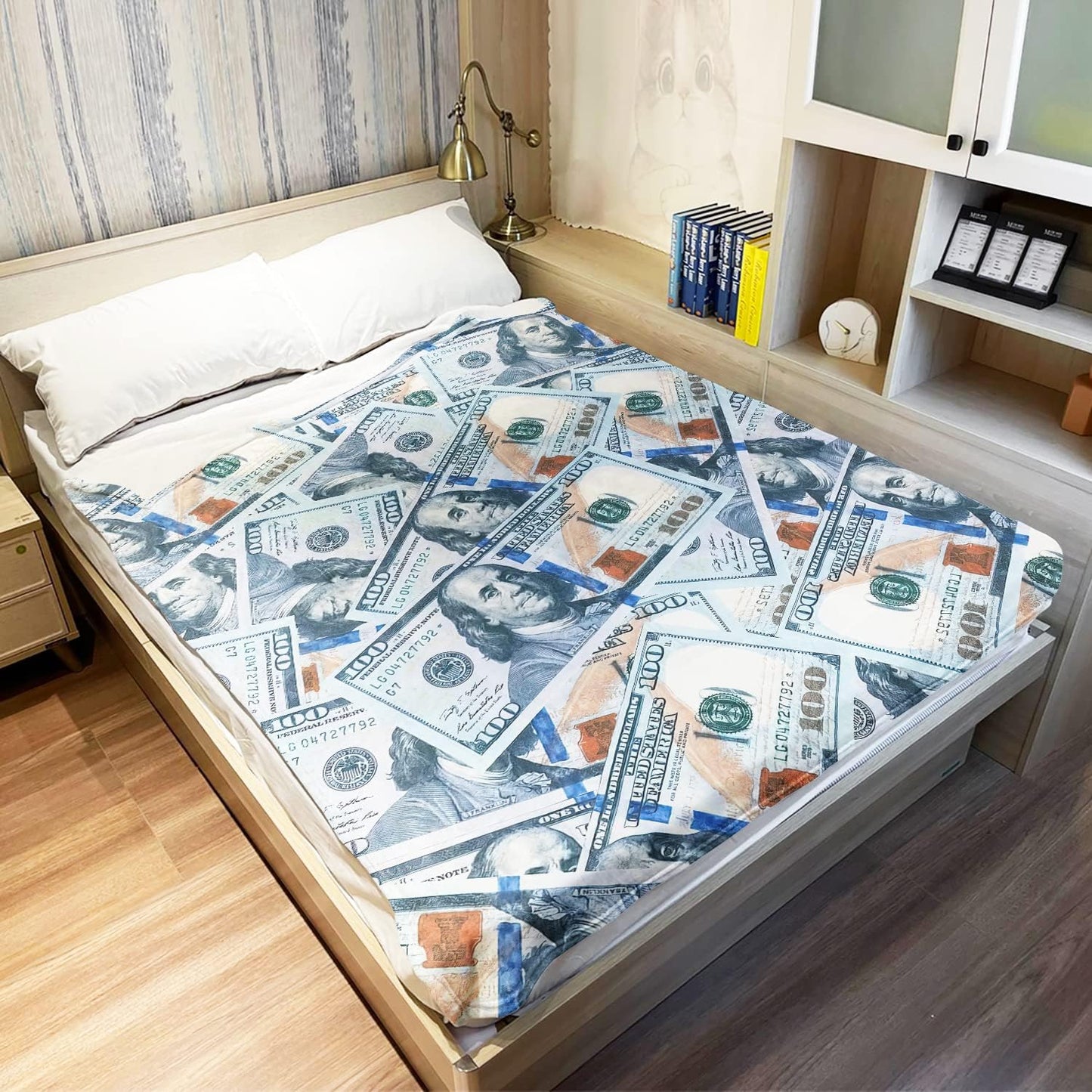 HommomH Fleece Blanket 60" x 80" Blue Funny 100 Dollar Bill Cash Us Cute Things Money Lightweight Fuzzy Cozy Soft Warm Throw for Men Women, Air Conditioning
