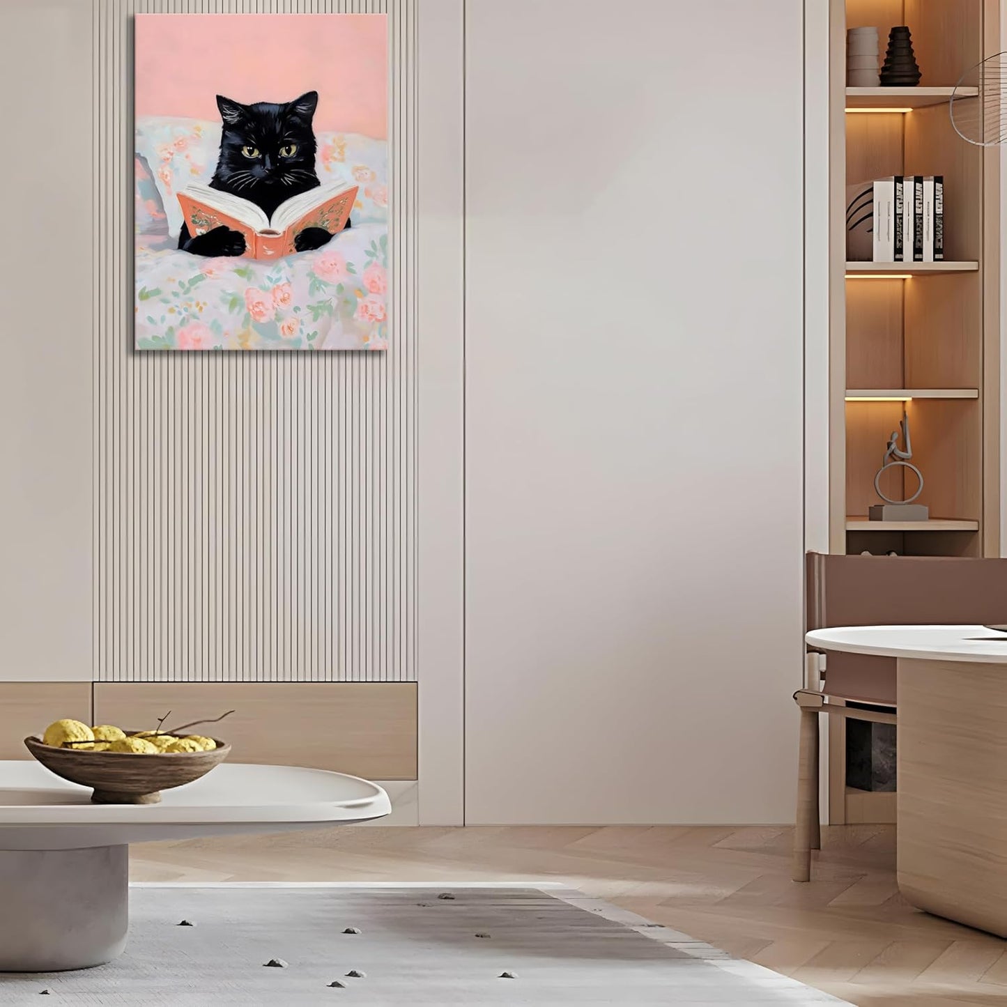 Framed Cats Canvas Wall Art, Funn Black Cat Reading Books Picture Wall Decor, Pink Vintage Animal Poster Prints for Girls Room Bedroom Kids Room Living Room Bathroom Decor 16x24 inch