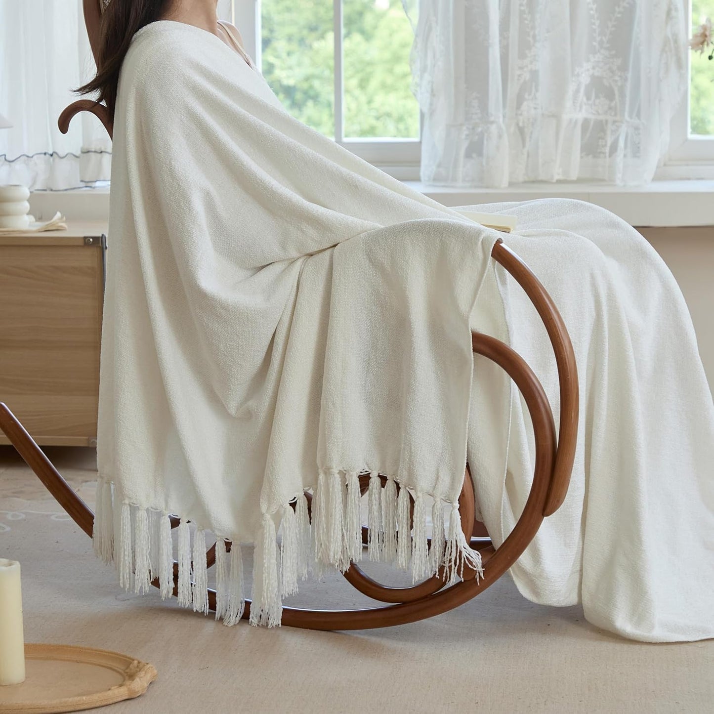 Simple&Opulence Soft Chenille Throw Blanket 50'' x 60'' - Cozy Fluffy Blanket with Fringe Tassel, Farmhouse Boho Blankets for Couch Bed Office Chair Gift Home Decor All Season Use, Cream