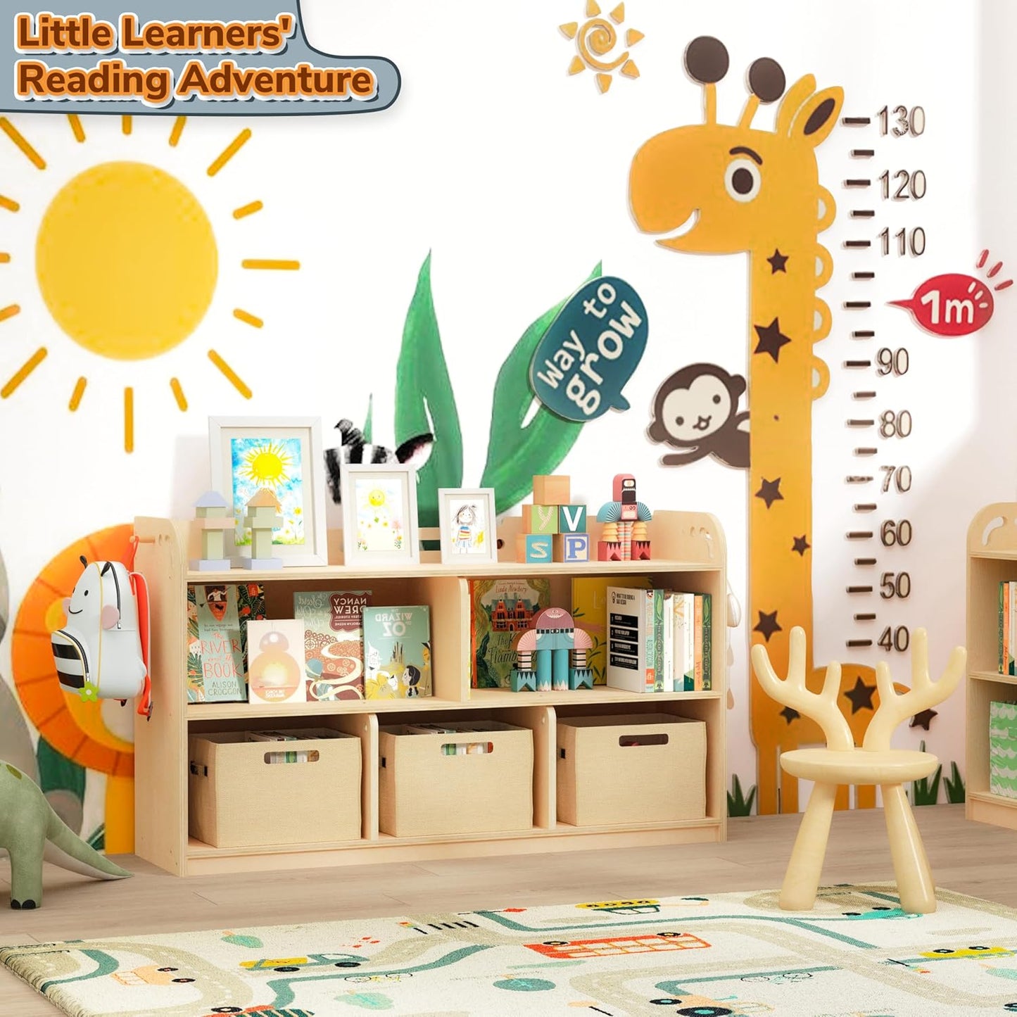AMBIRD Wooden Kids Bookshelf, 5-Section Montessori Bookshelf, Toy Storage Organizer Cabinet, 2-Shelf Bookcase for Kids Room, Nursery, Classroom, Playroom, Living Room, Bedroom, Preschool