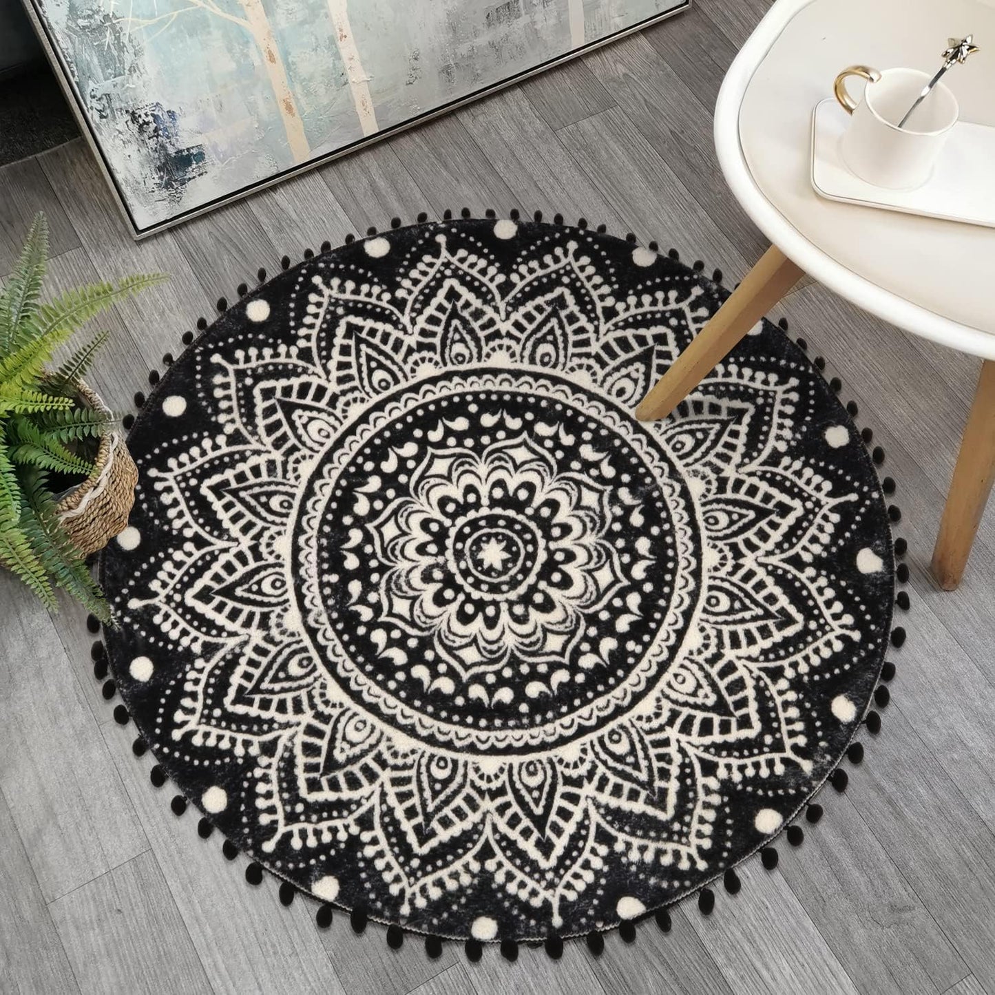 Uphome Boho Round Rug for Bedroom 3' Circle Mandala Black Bathroom Rug with Pom Poms Fringe Washable Circular Accent Throw Rugs Non-Slip Soft Floor Mat for Entryway Living Room Sofa Kids Room Nursery